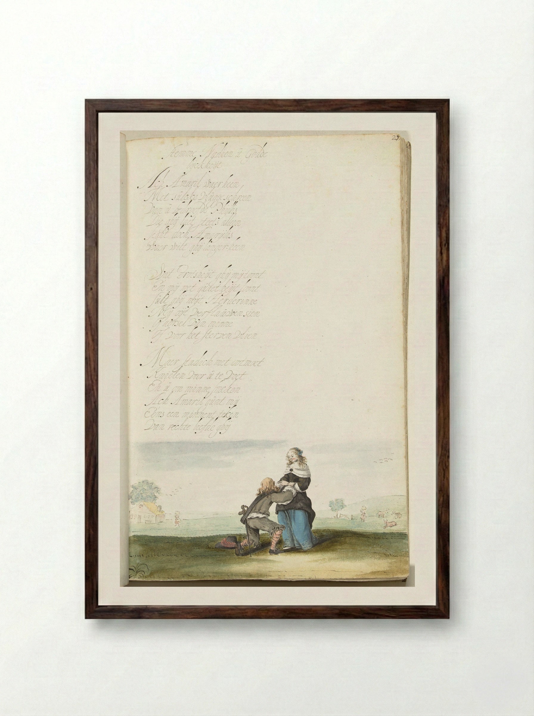 Heer knielend voor een jongedame - Gesina ter Borch - Framed Print Dark Wood
