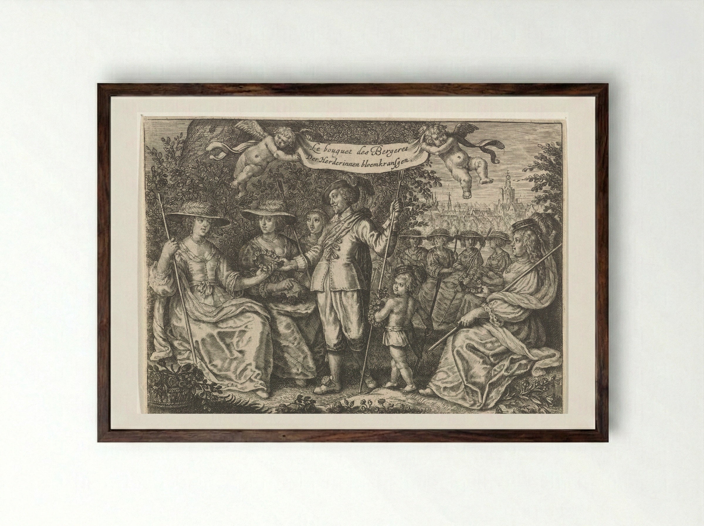 Heer omringd door herderinnen - Crispijn van de Passe (II) - Framed Print Dark Wood