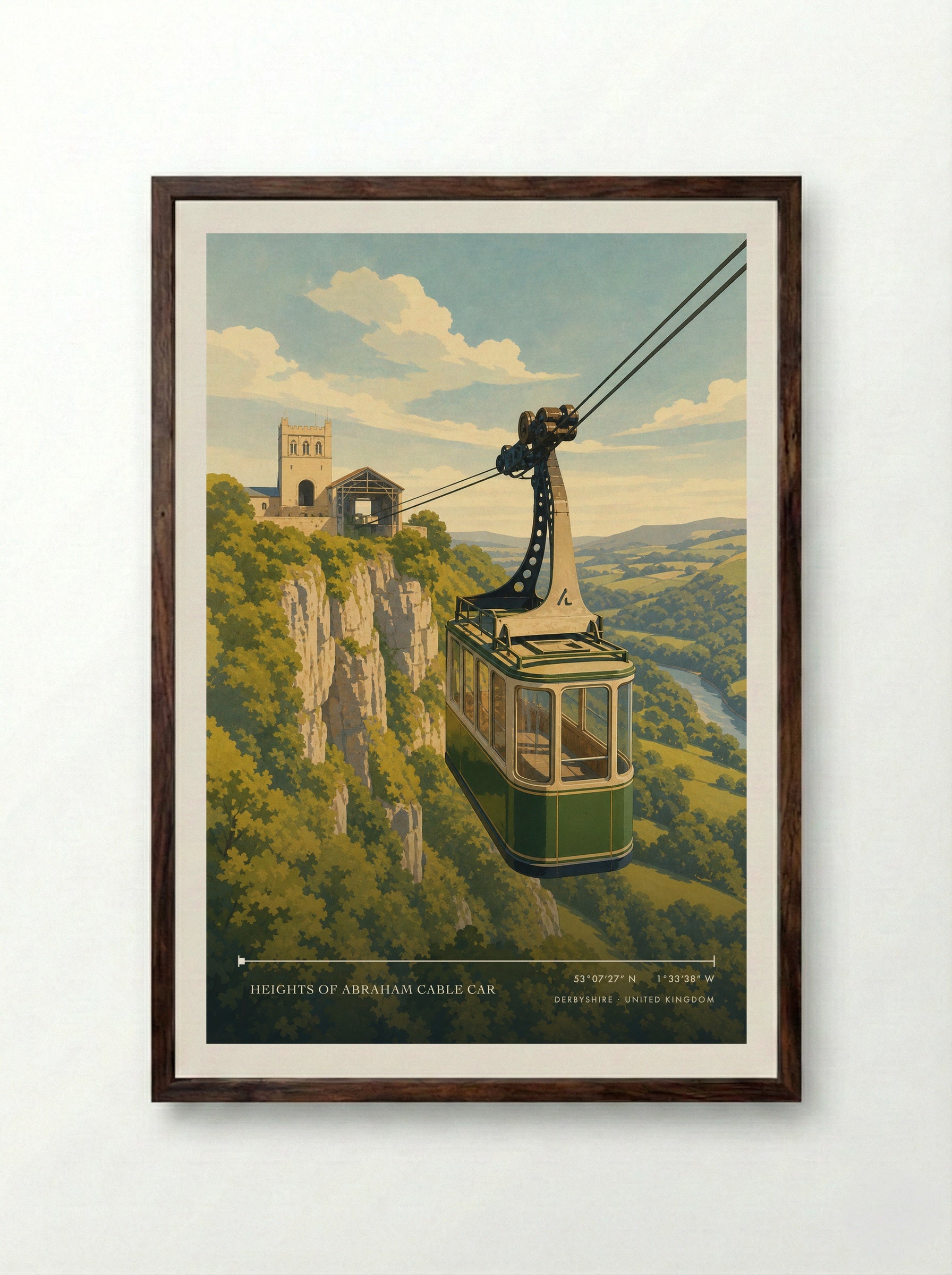 Heights of Abraham Cable Car Derbyshire United Kingdom Travel Poster - Framed Print Dark Wood