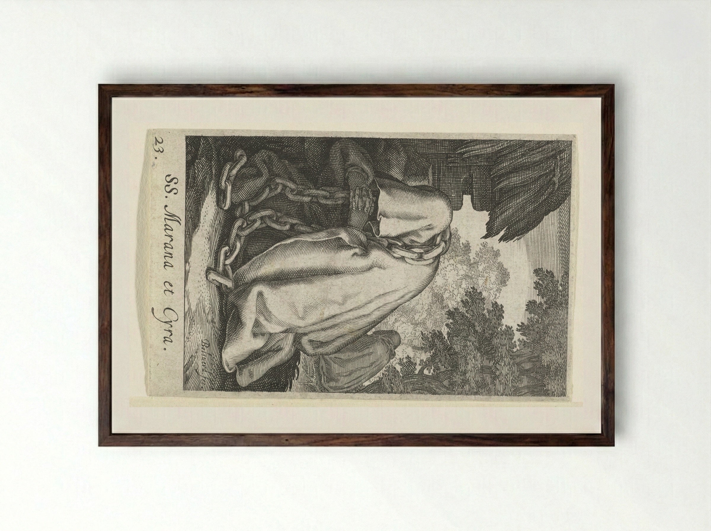 Heilige Marana van Syrië en heilige Cyra als kluizenaressen met ketenen - Boëtius Adamsz. Bolswert - Framed Print Dark Wood