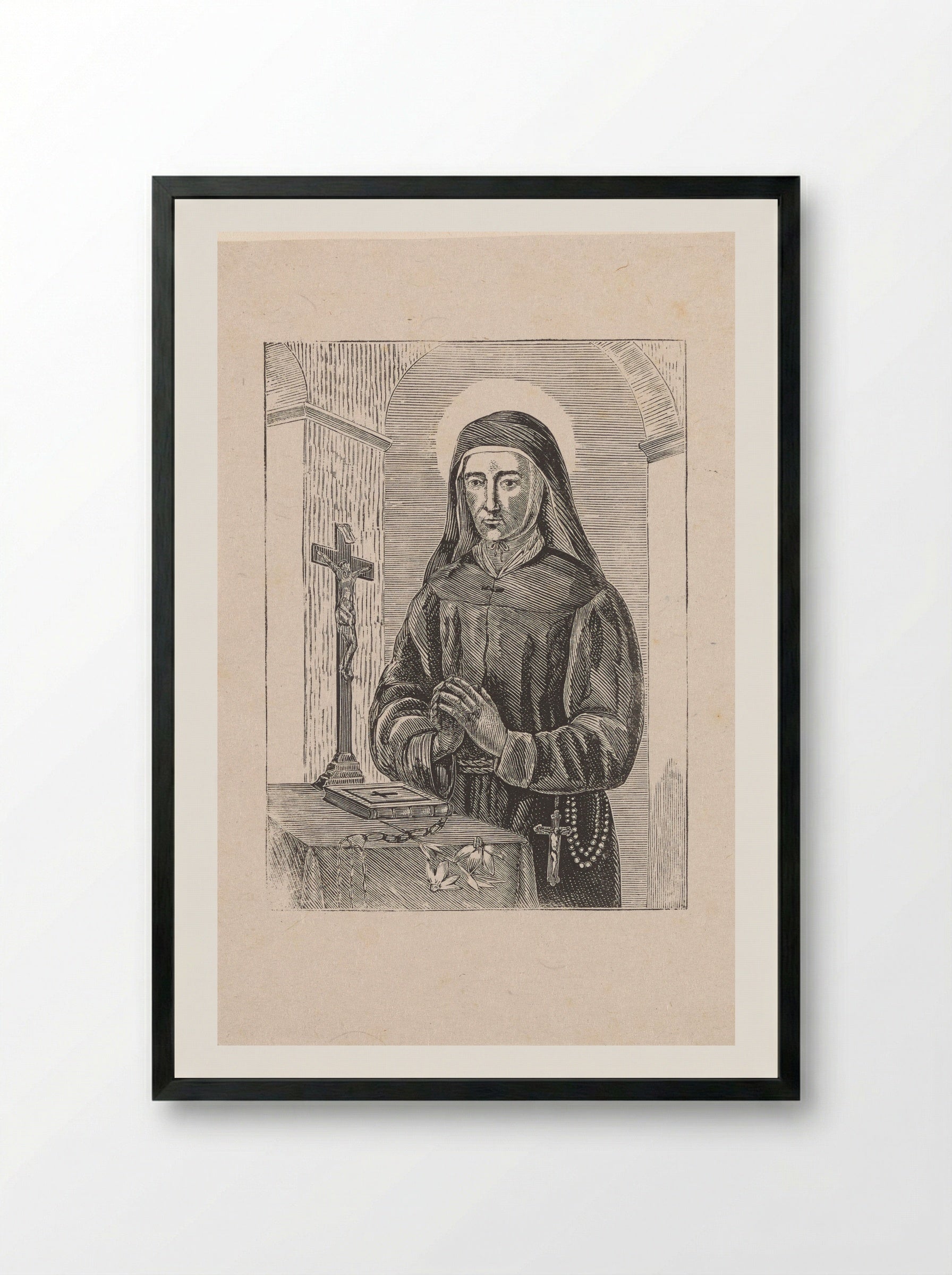 Heilige met een crucifix, een bijbel en een bloem - Isaac Weissenbruch - Framed Print Black
