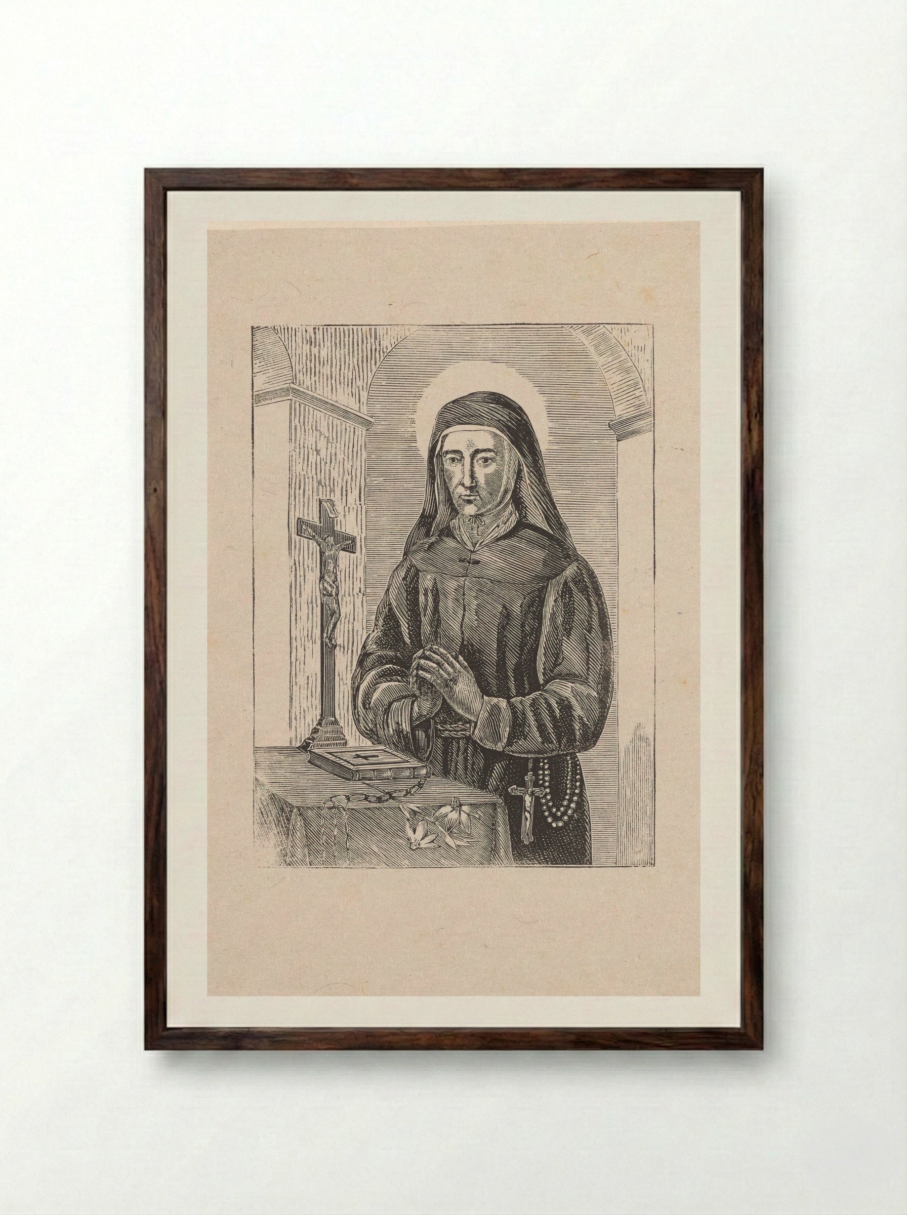Heilige met een crucifix, een bijbel en een bloem - Isaac Weissenbruch - Framed Print Dark Wood