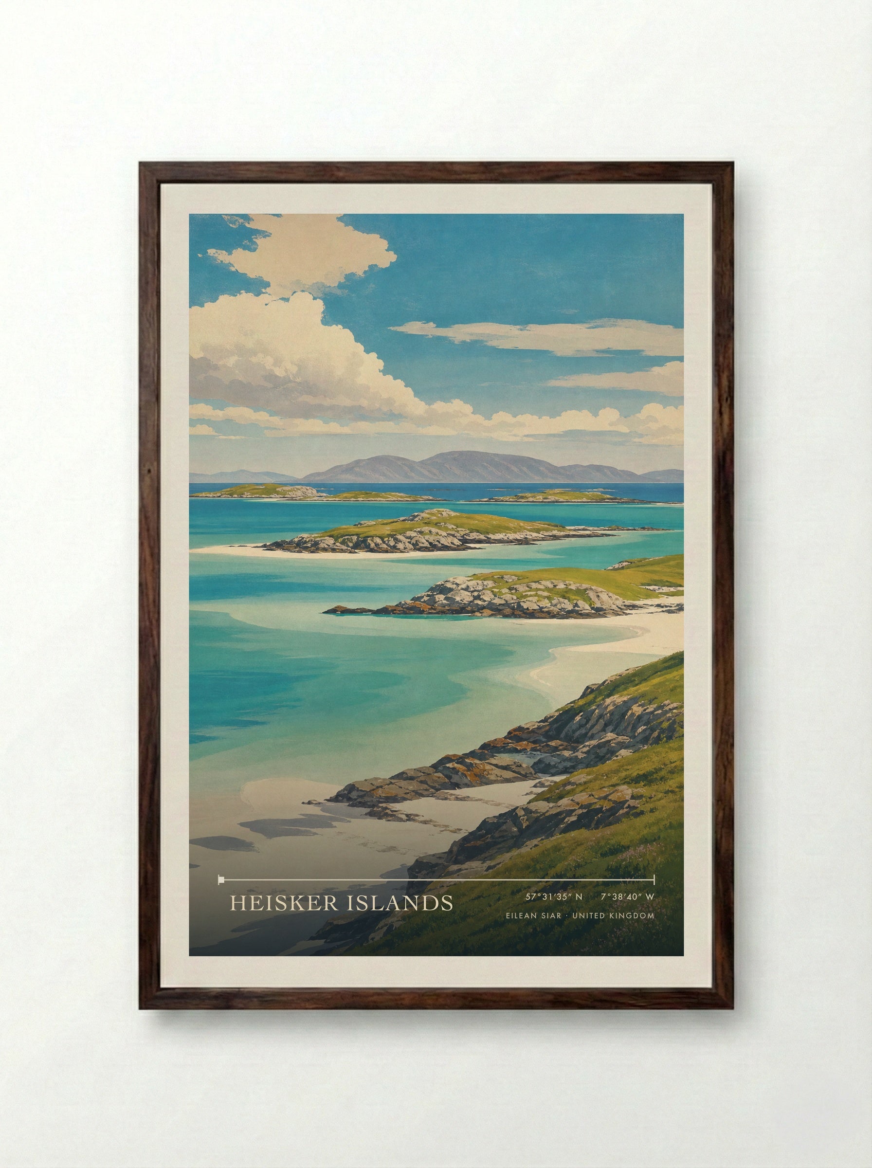 Heisker Islands Eilean Siar United Kingdom Travel Poster - Framed Print Dark Wood