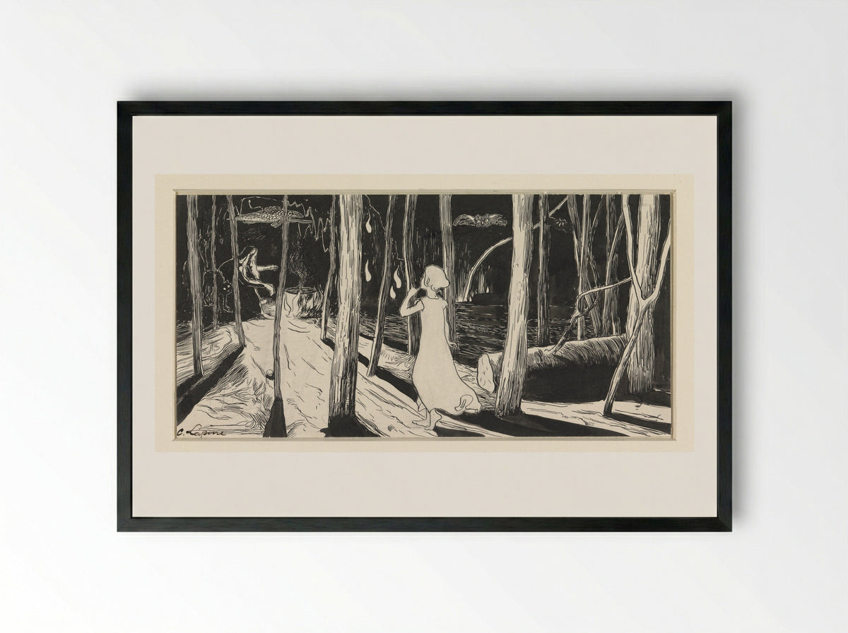 Heks bij kookpot in bos bij nacht - C. Lapine - Framed Print Black