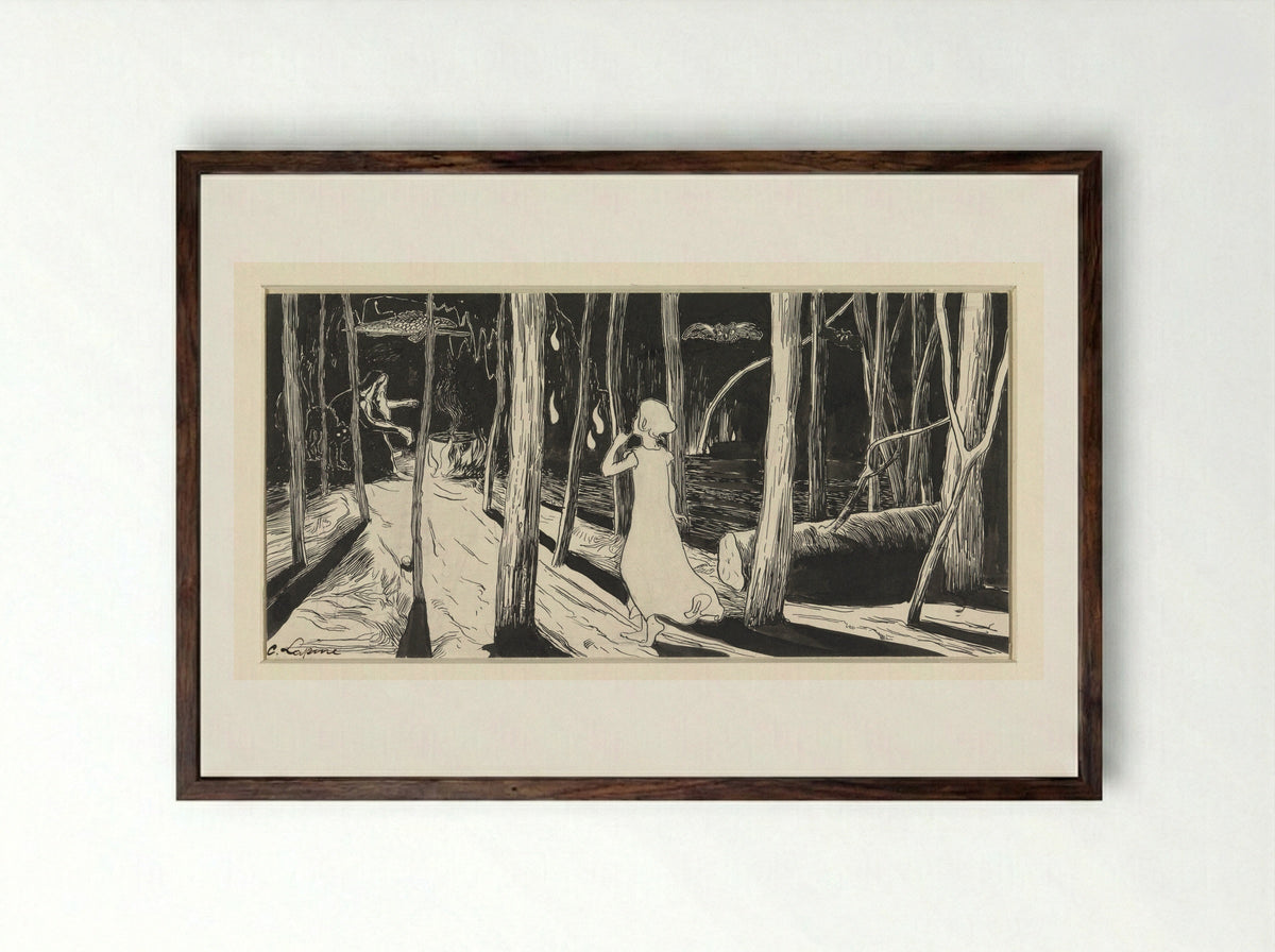 Heks bij kookpot in bos bij nacht - C. Lapine - Framed Print Dark Wood
