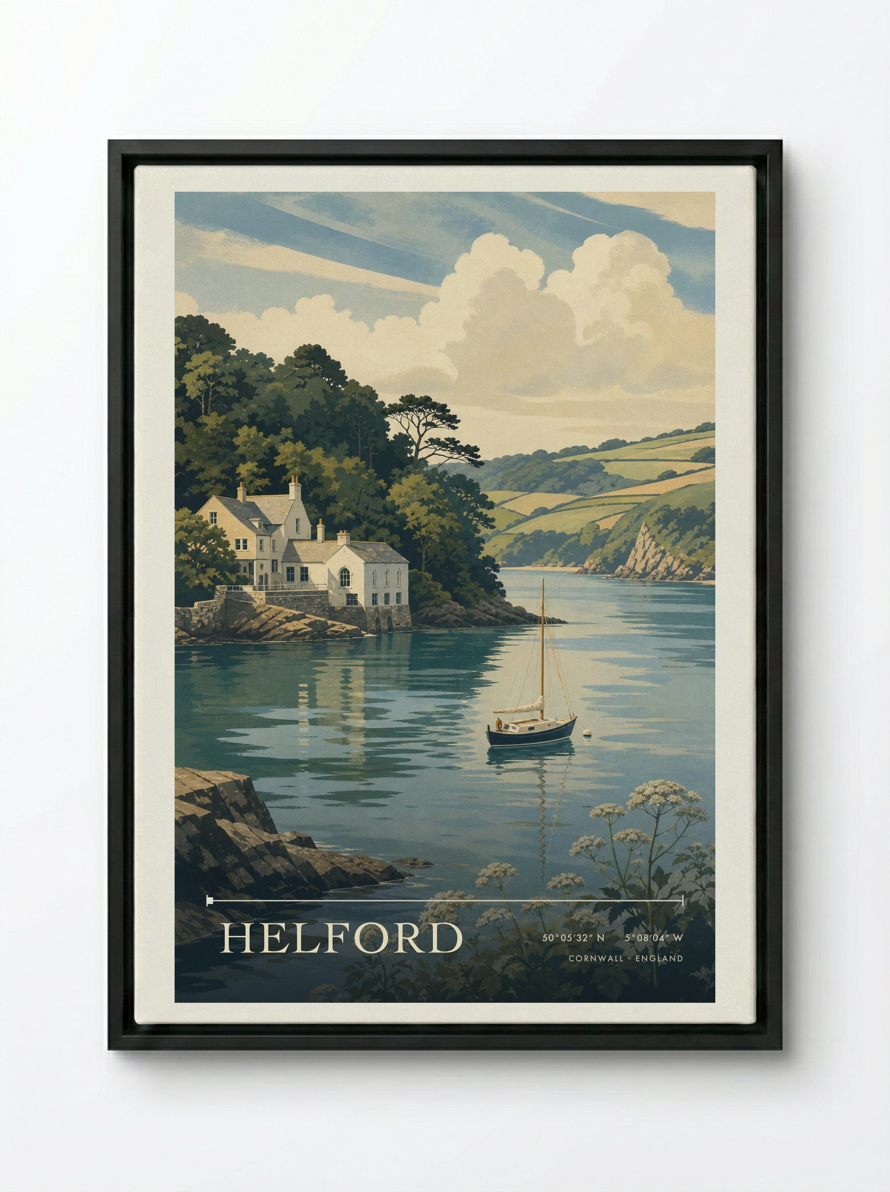 Helford Cornwall England Travel Poster - Framed Canvas Black