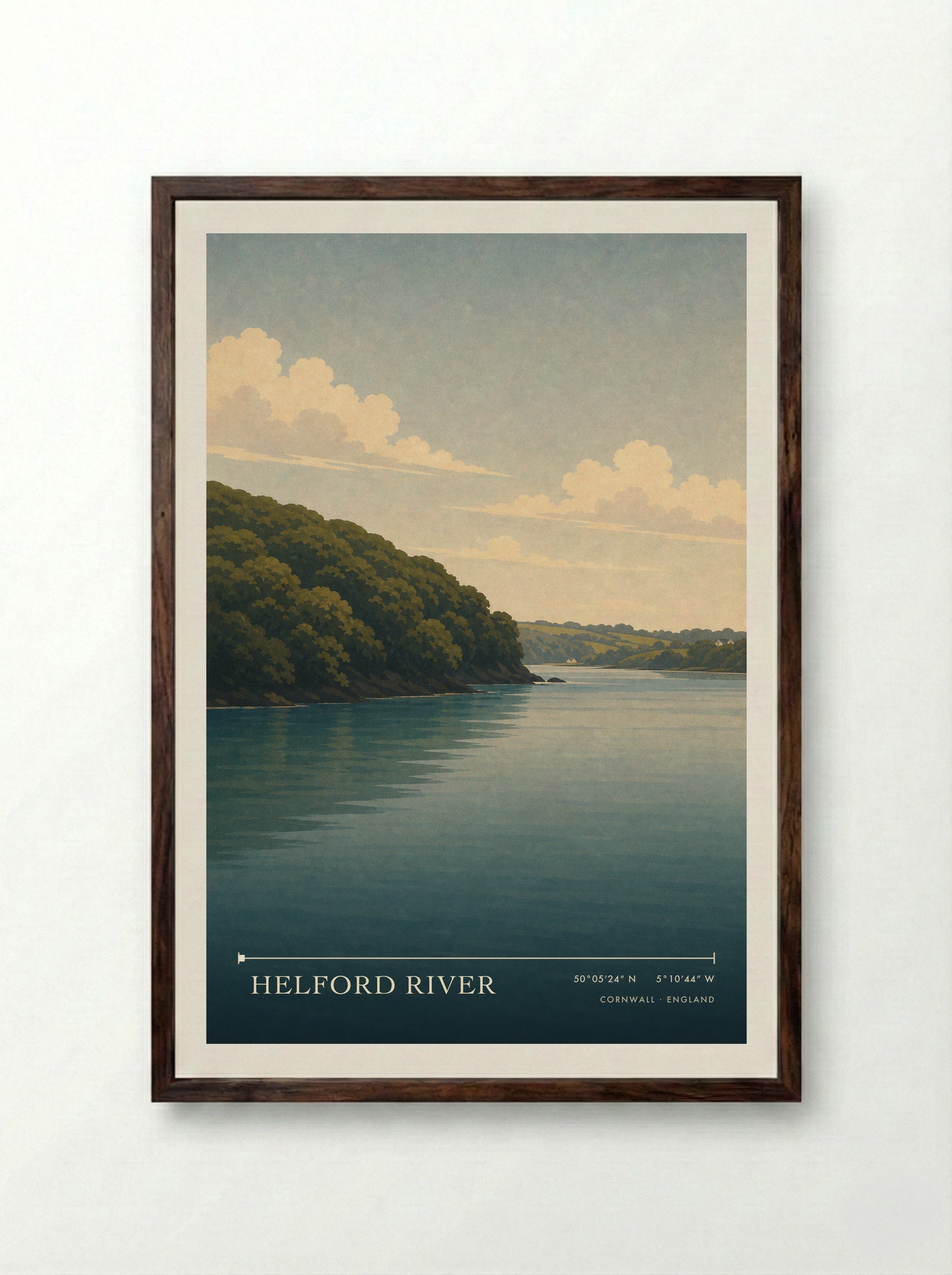 Helford River Cornwall England Travel Poster - Framed Print Dark Wood