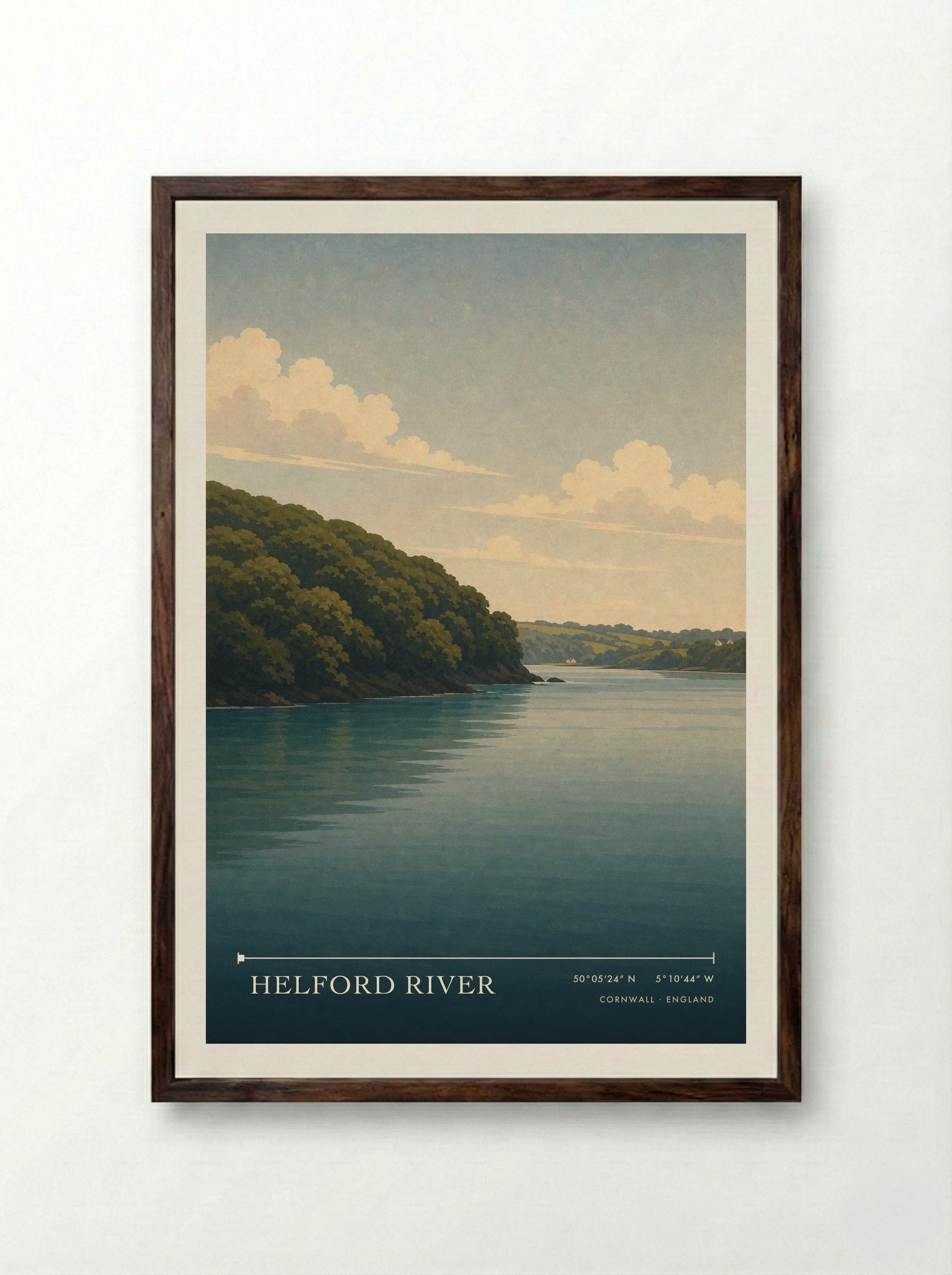 Helford River Cornwall England Travel Poster - Framed Print Dark Wood