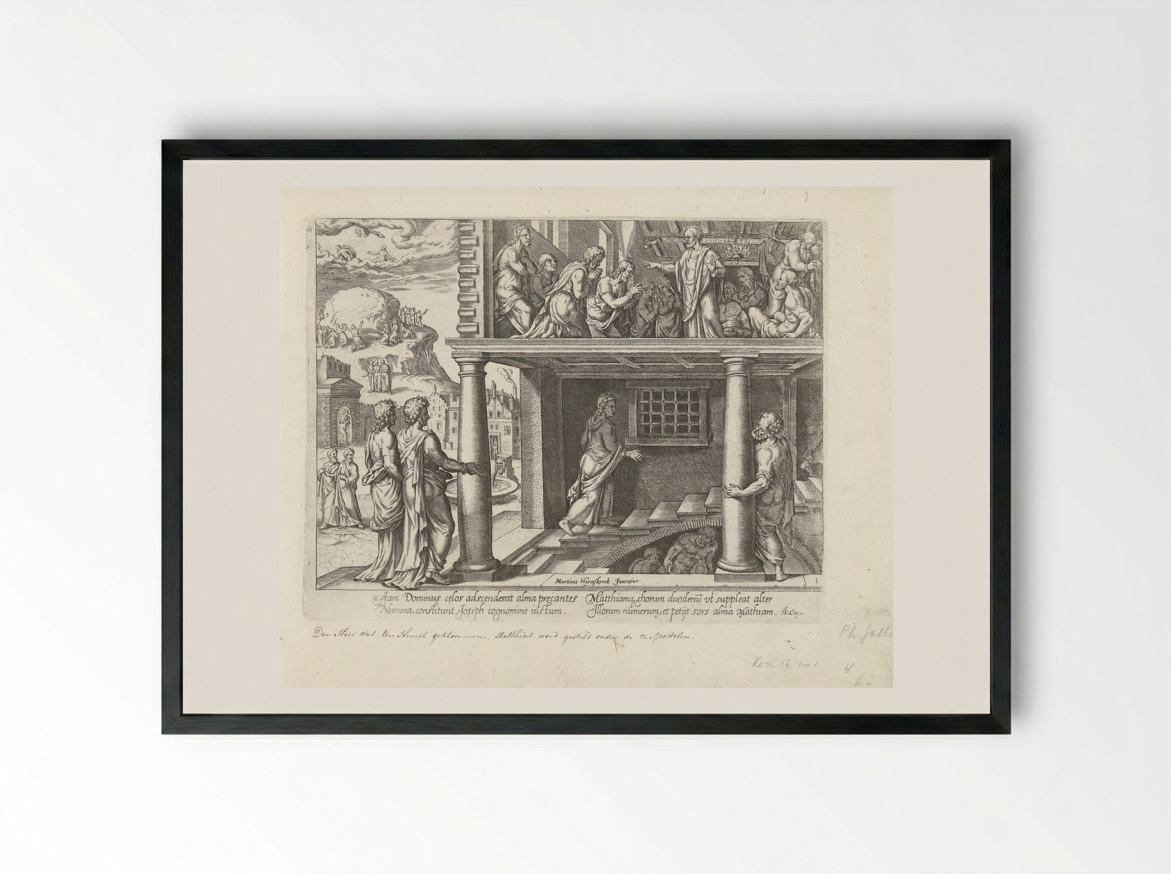 Hemelvaart van Christus en verkiezing van Mattias - Philips Galle - Framed Print Black