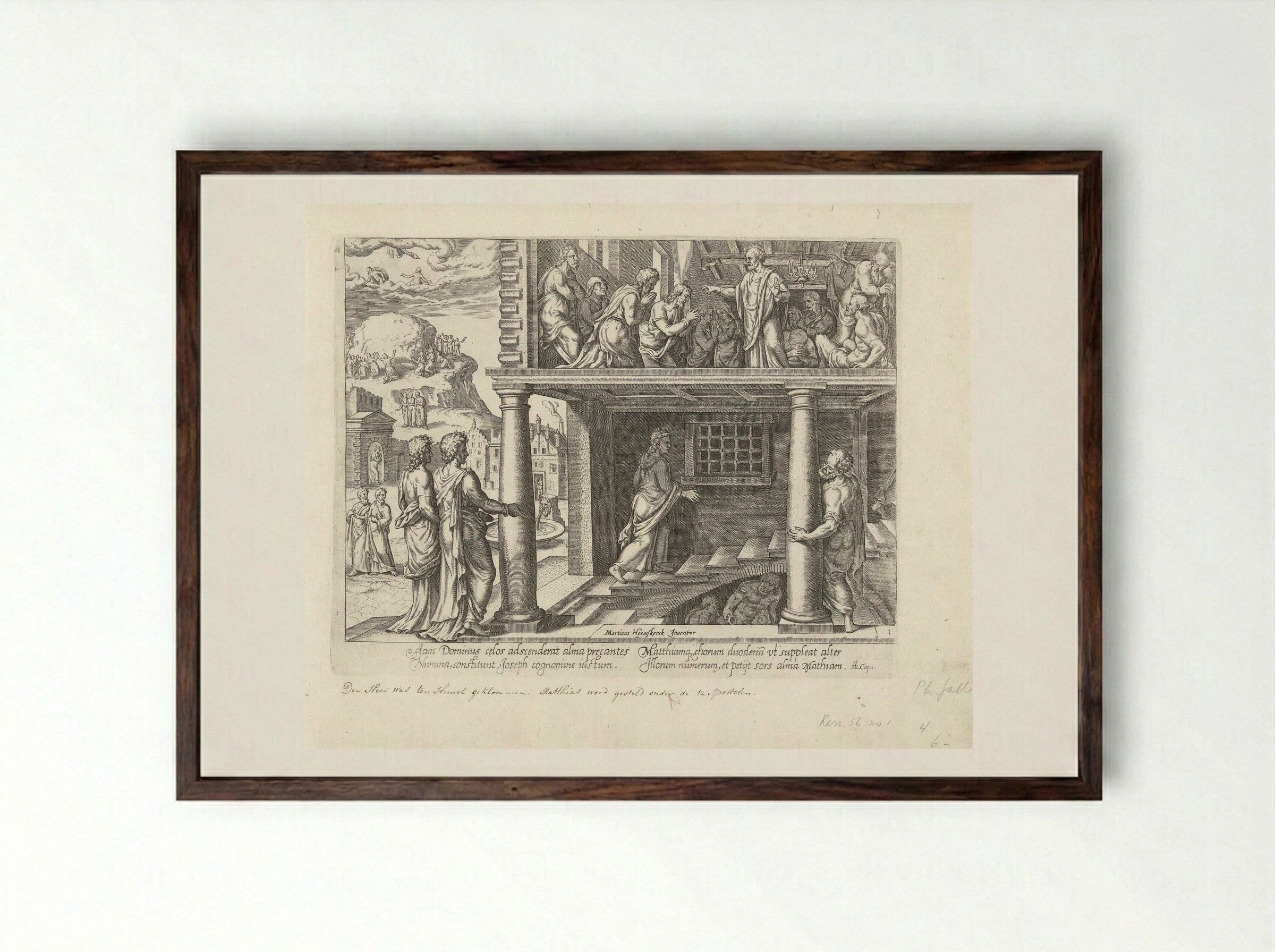 Hemelvaart van Christus en verkiezing van Mattias - Philips Galle - Framed Print Dark Wood