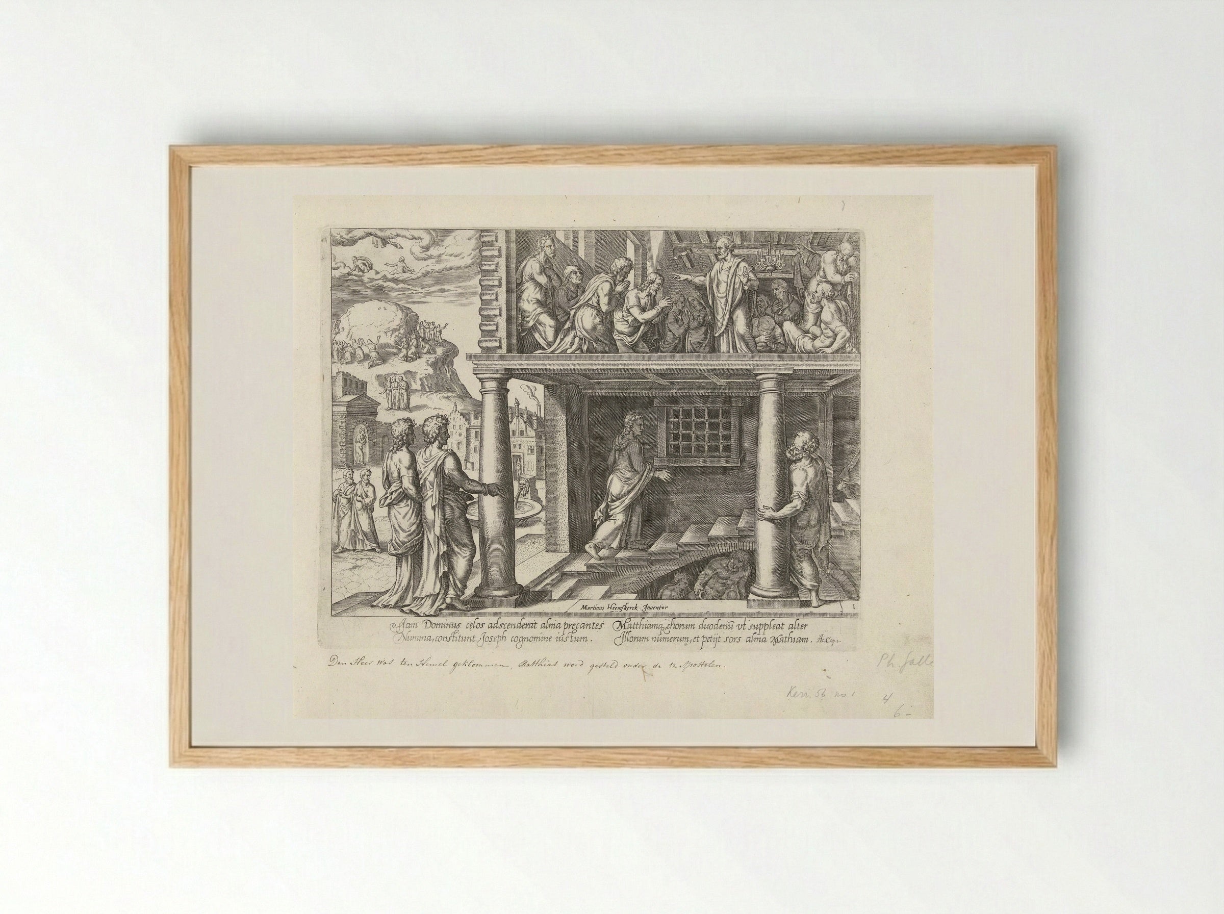 Hemelvaart van Christus en verkiezing van Mattias - Philips Galle - Framed Print Wood
