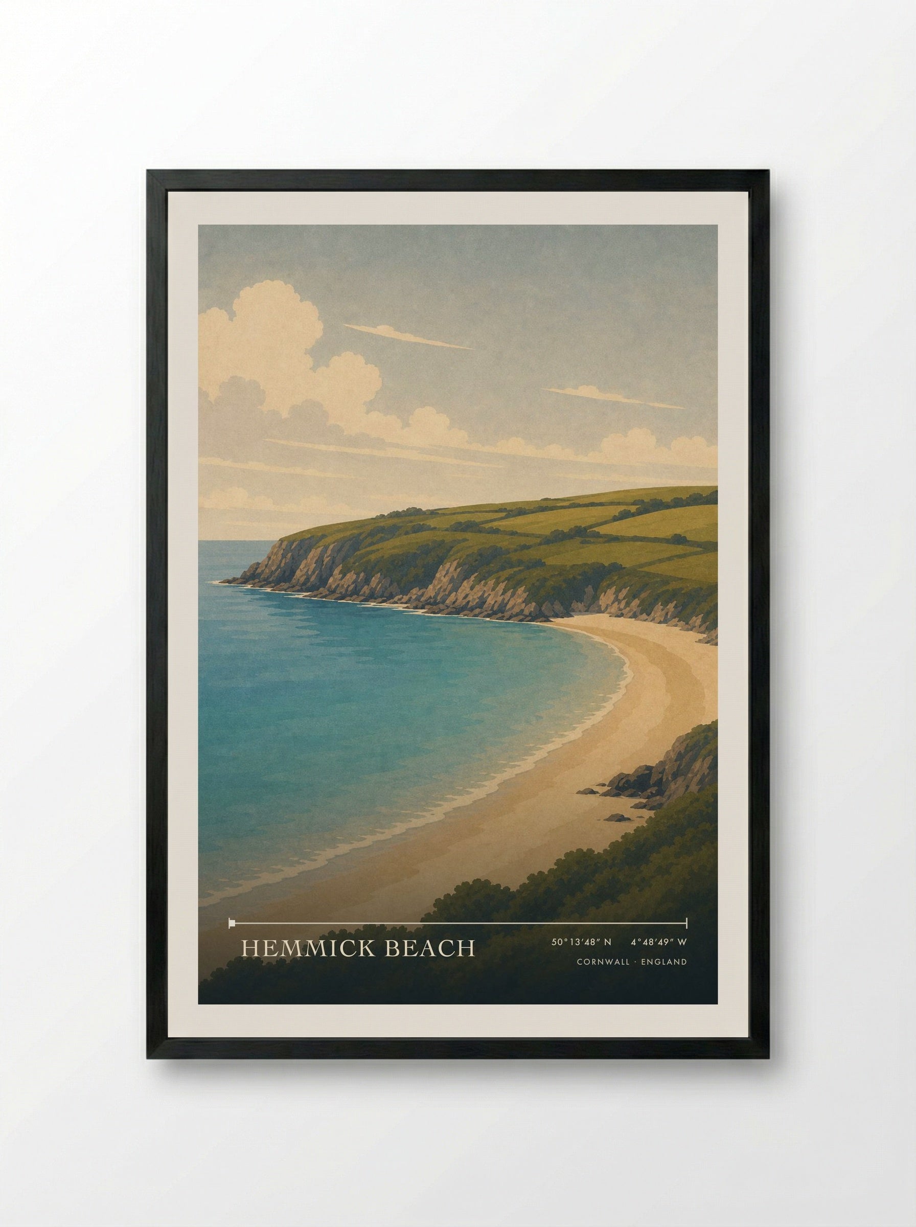 Hemmick Beach Cornwall England Travel Poster - Framed Print Black