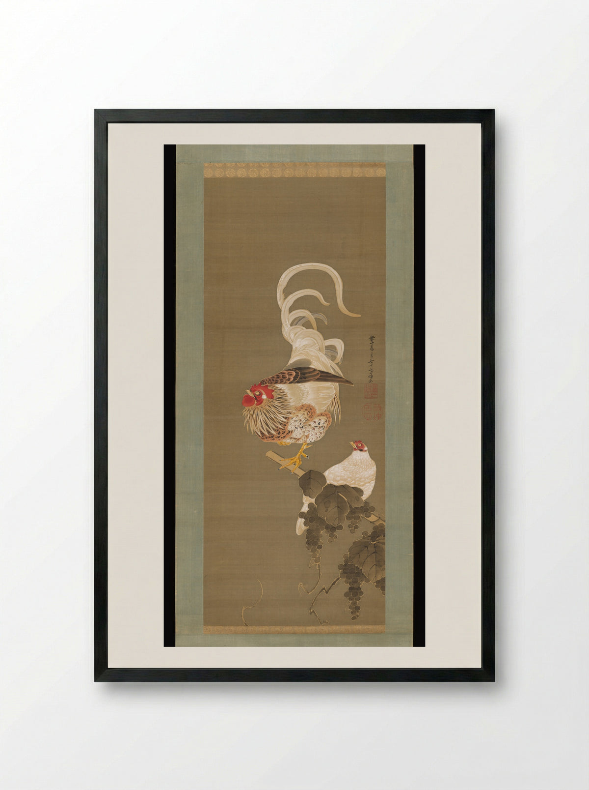 Hen and Rooster with Grapevine - Itō Jakuchū - Framed Print Black