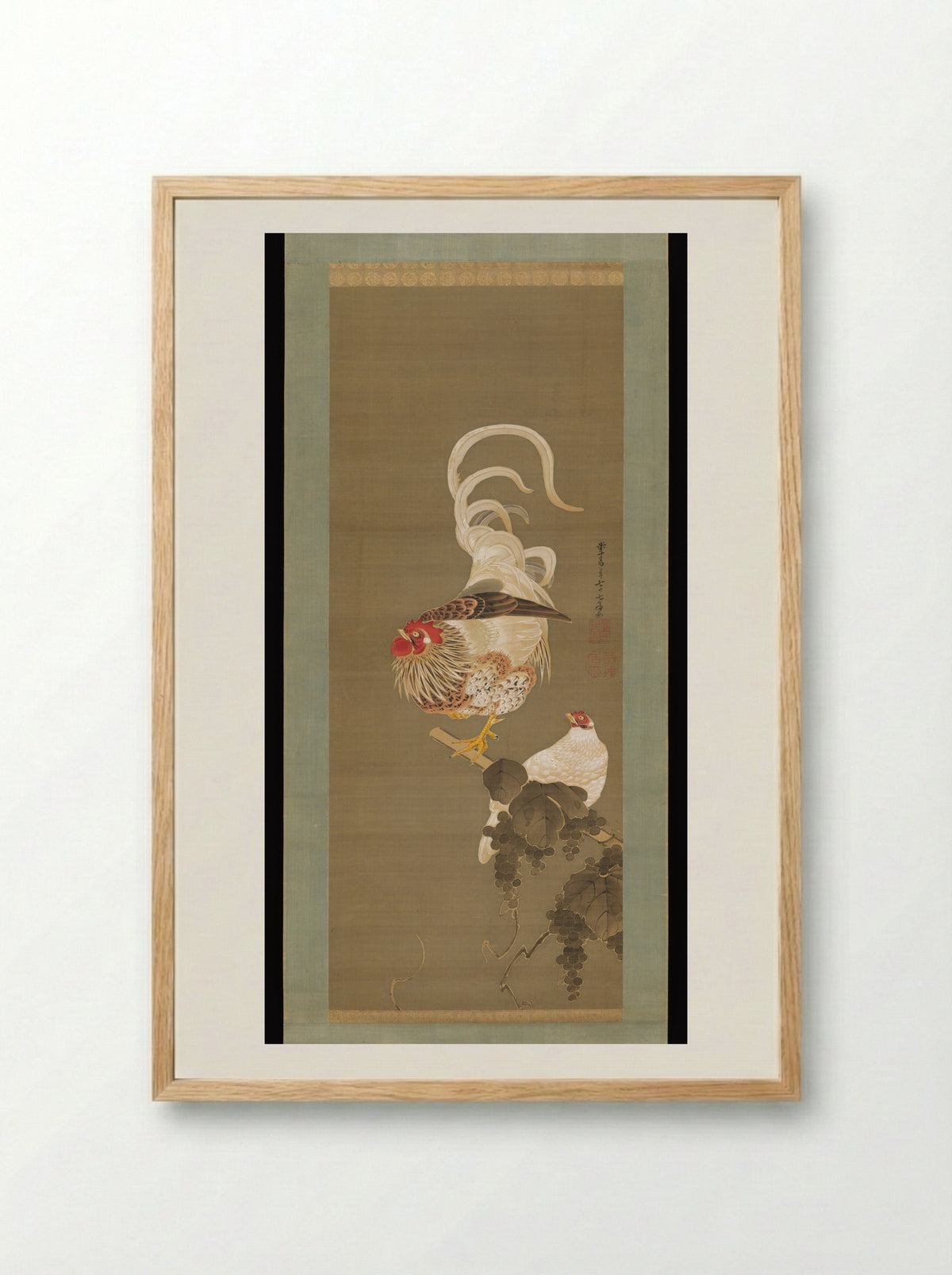 Hen and Rooster with Grapevine - Itō Jakuchū - Framed Print Wood