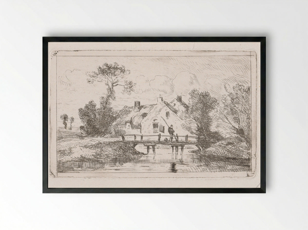 Hengelaar op een bruggetje bij een boerderij - Jan Gerard Smits - Framed Print Black