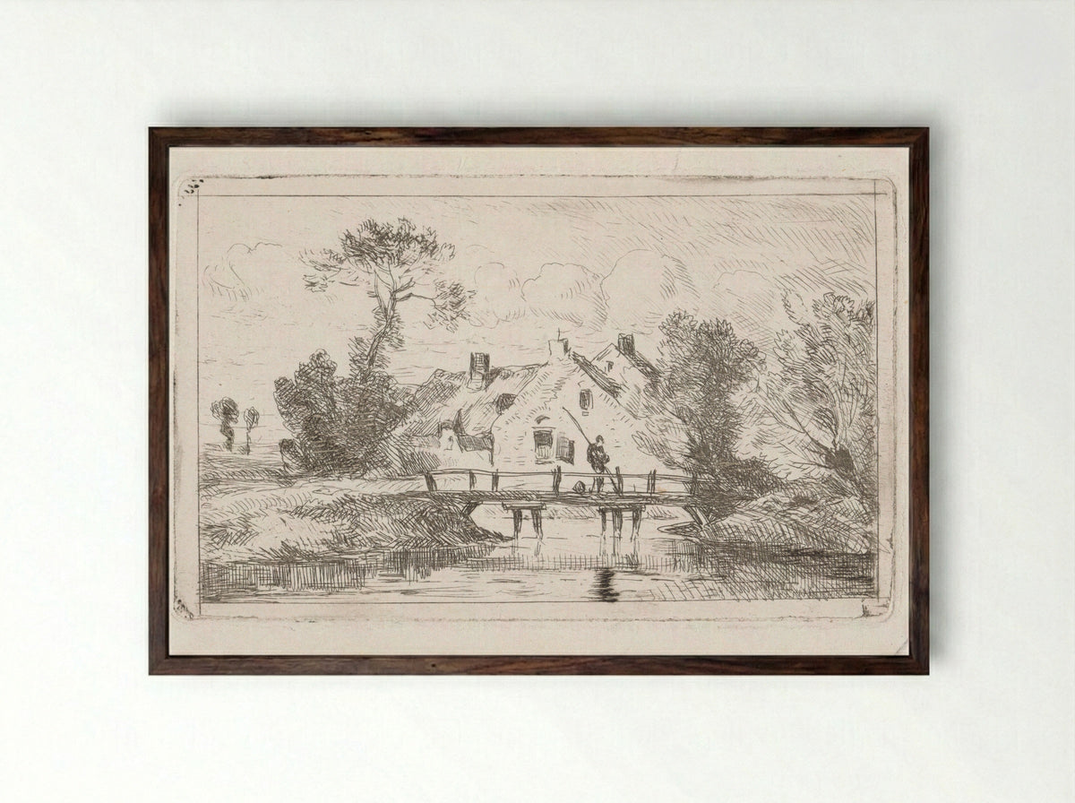 Hengelaar op een bruggetje bij een boerderij - Jan Gerard Smits - Framed Print Dark Wood