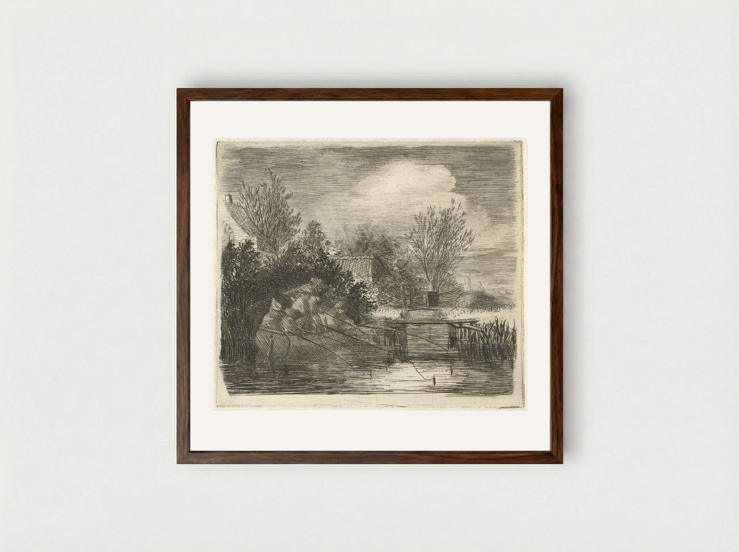 Hengelaars bij een rivier - Louis Bernard Coclers - Framed Print Dark Wood