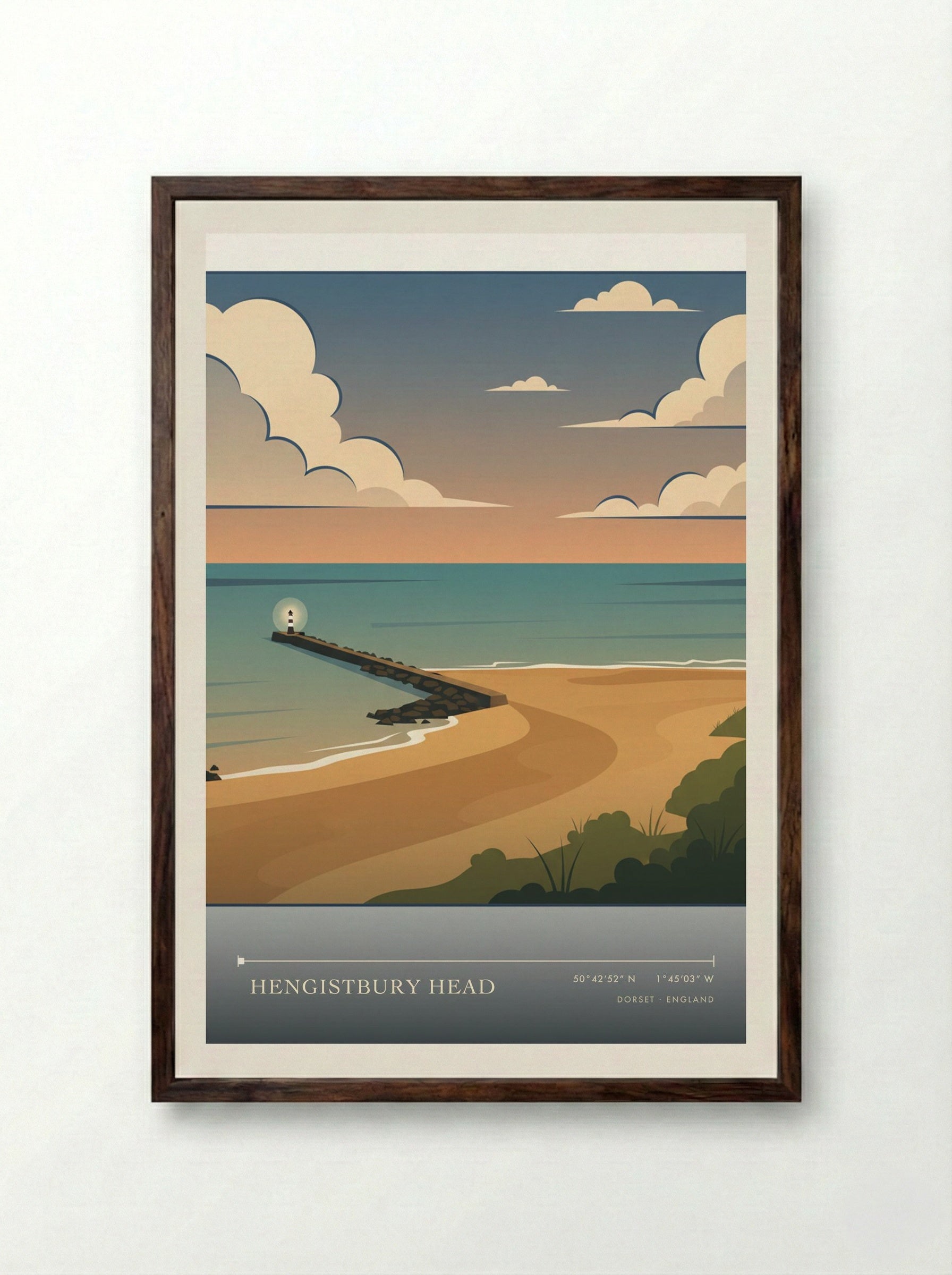 Hengistbury Head Dorset England Travel Poster - Framed Print Dark Wood