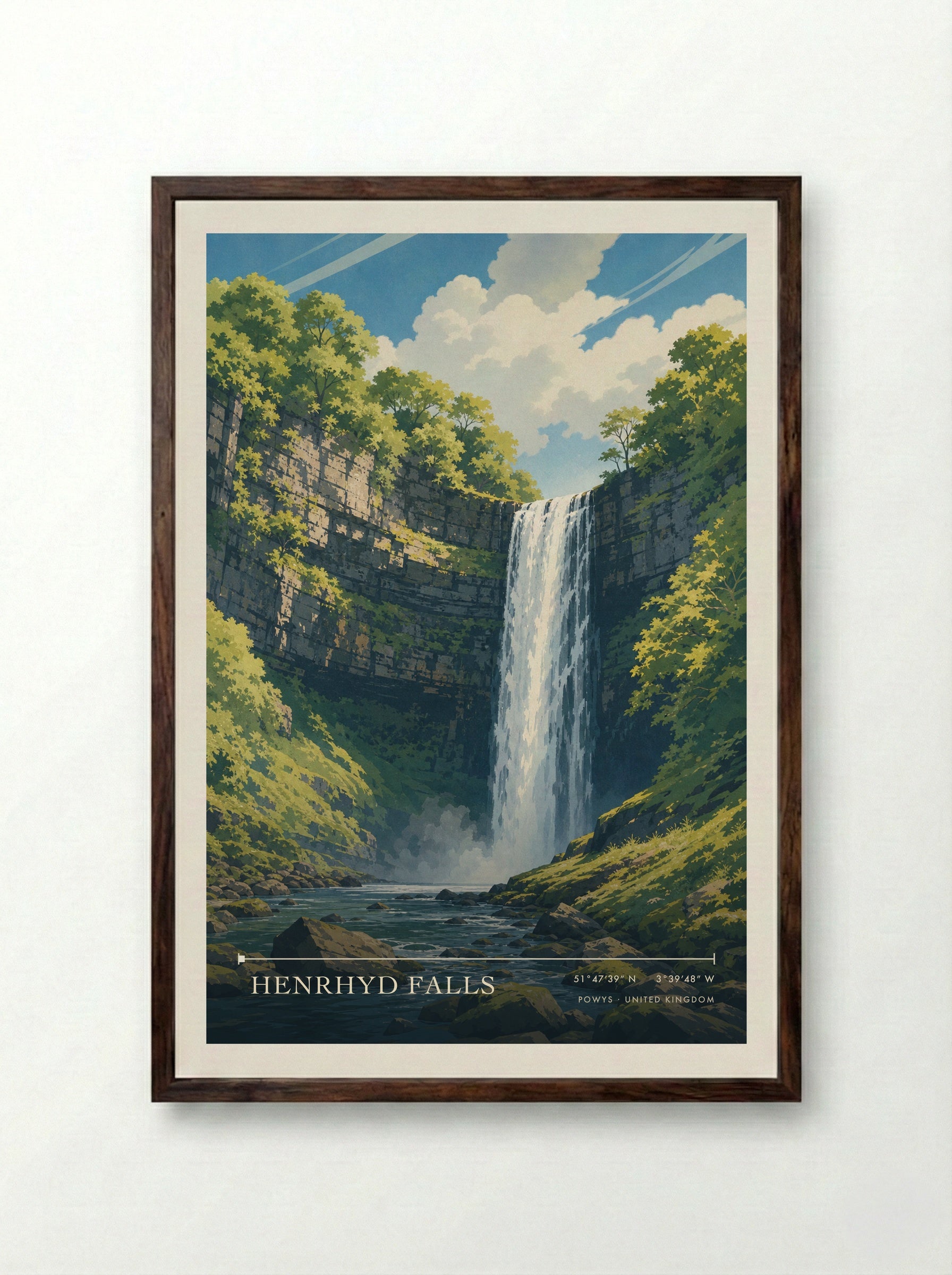 Henrhyd Falls Powys United Kingdom Travel Poster - Framed Print Dark Wood