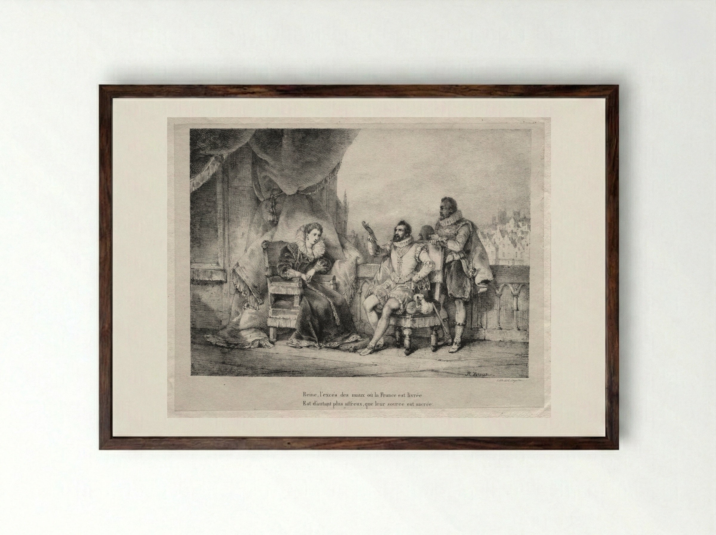 Henri IV with Queen Elizabeth - Horace Vernet - Framed Print Dark Wood