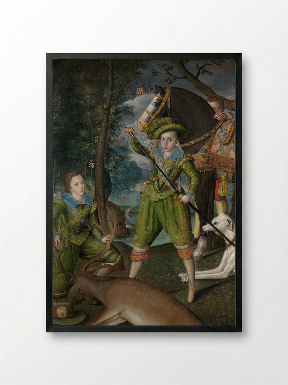 Henry Frederick, Prince of Wales, with Sir John Harington, in the Hunting Field - Robert Peake the Elder - Framed Print Black