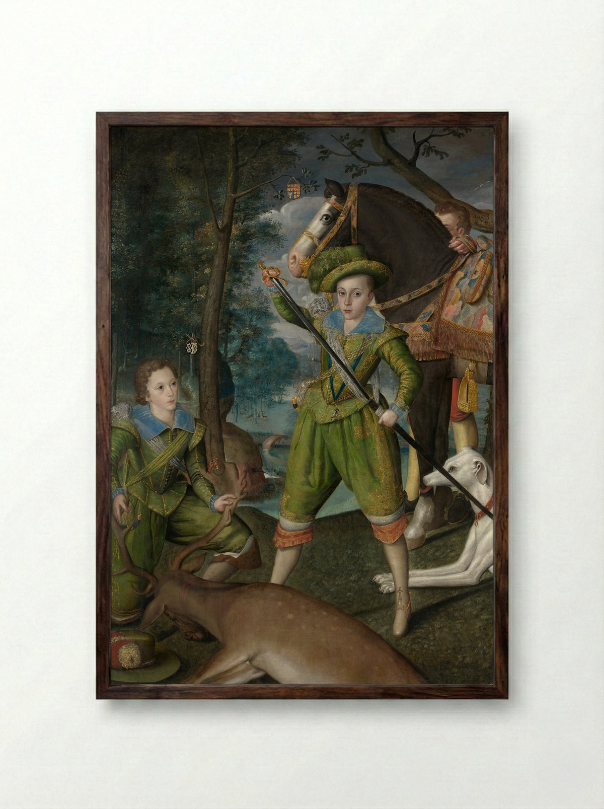 Henry Frederick, Prince of Wales, with Sir John Harington, in the Hunting Field - Robert Peake the Elder - Framed Print Dark Wood