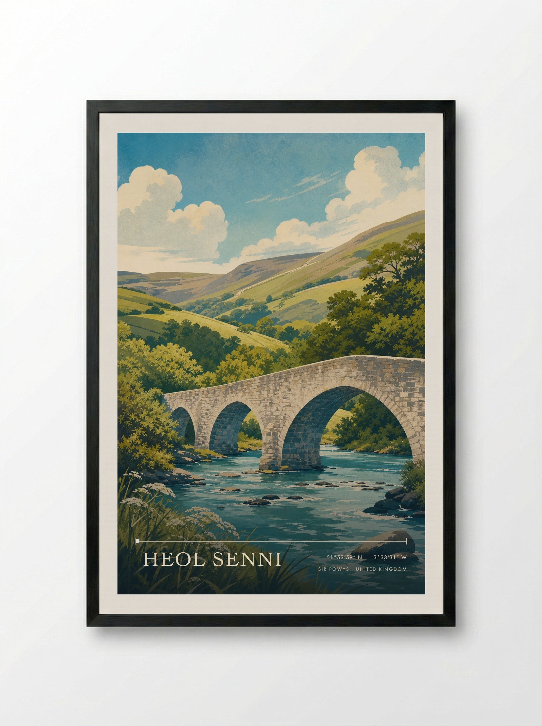 Heol Senni Sir Powys United Kingdom Travel Poster - Framed Print Black