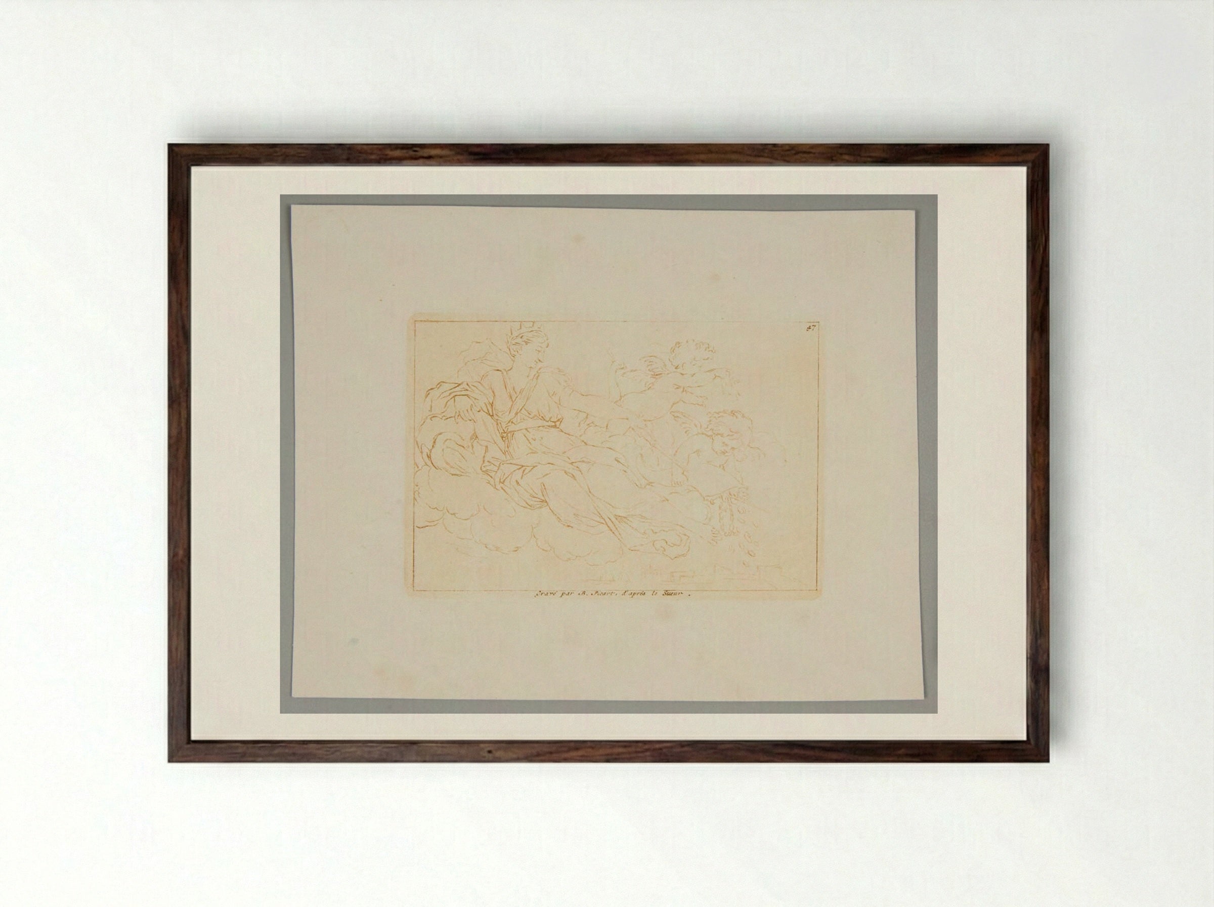 Hera in the Clouds Accompanied by Cupids - Bernard Picart - Framed Print Dark Wood