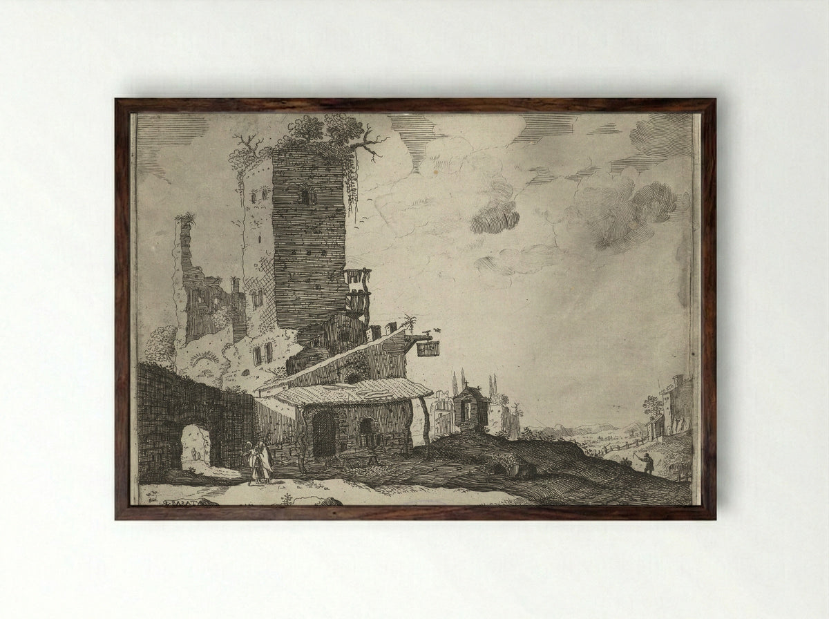 Herberg bij een kapel (Inn by a Chapel) - Laurens Barata - Framed Print Dark Wood