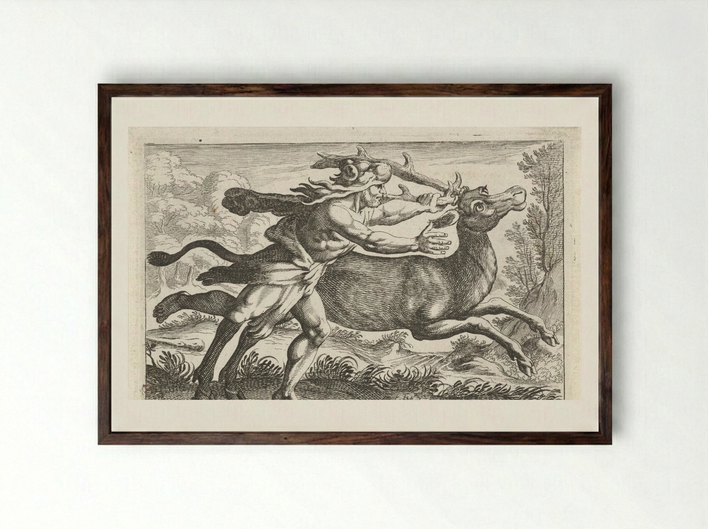 Hercules Capturing the Ceryneian Hind - Simon Frisius - Framed Print Dark Wood