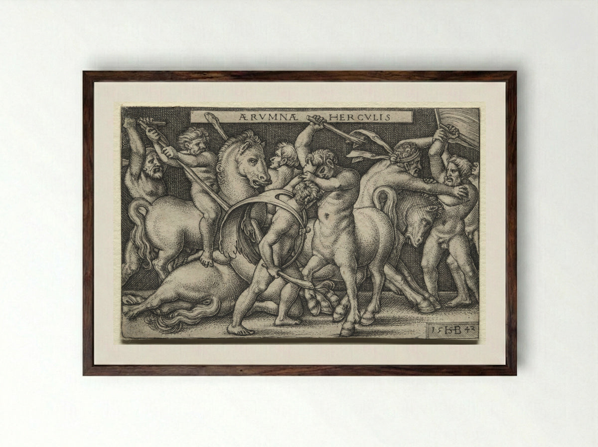 Hercules Defeats the Centaurs - Sebald Beham - Framed Print Dark Wood