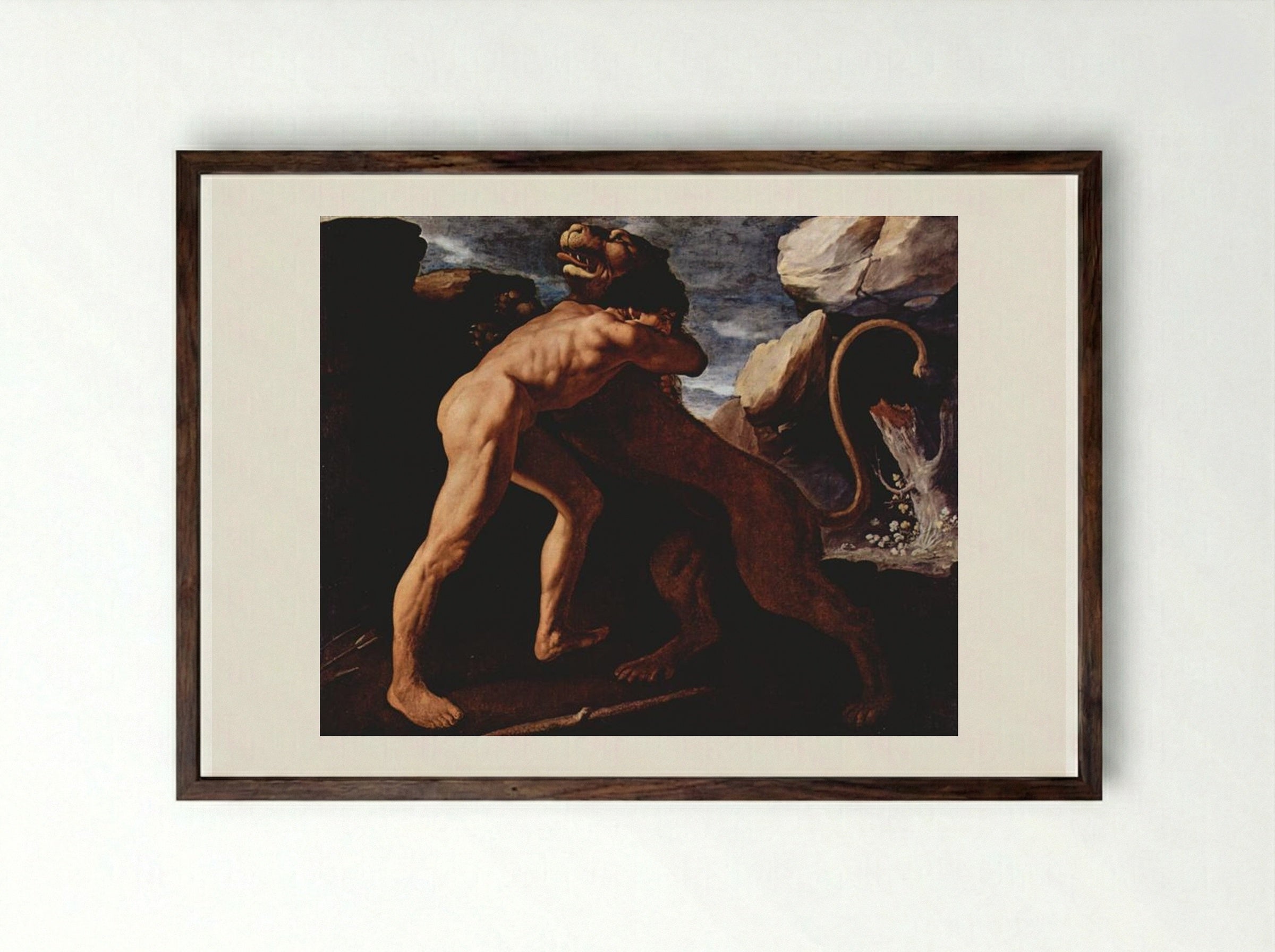 Hercules Fighting with the Nemean Lion - Francisco de Zurbarán - Framed Print Dark Wood