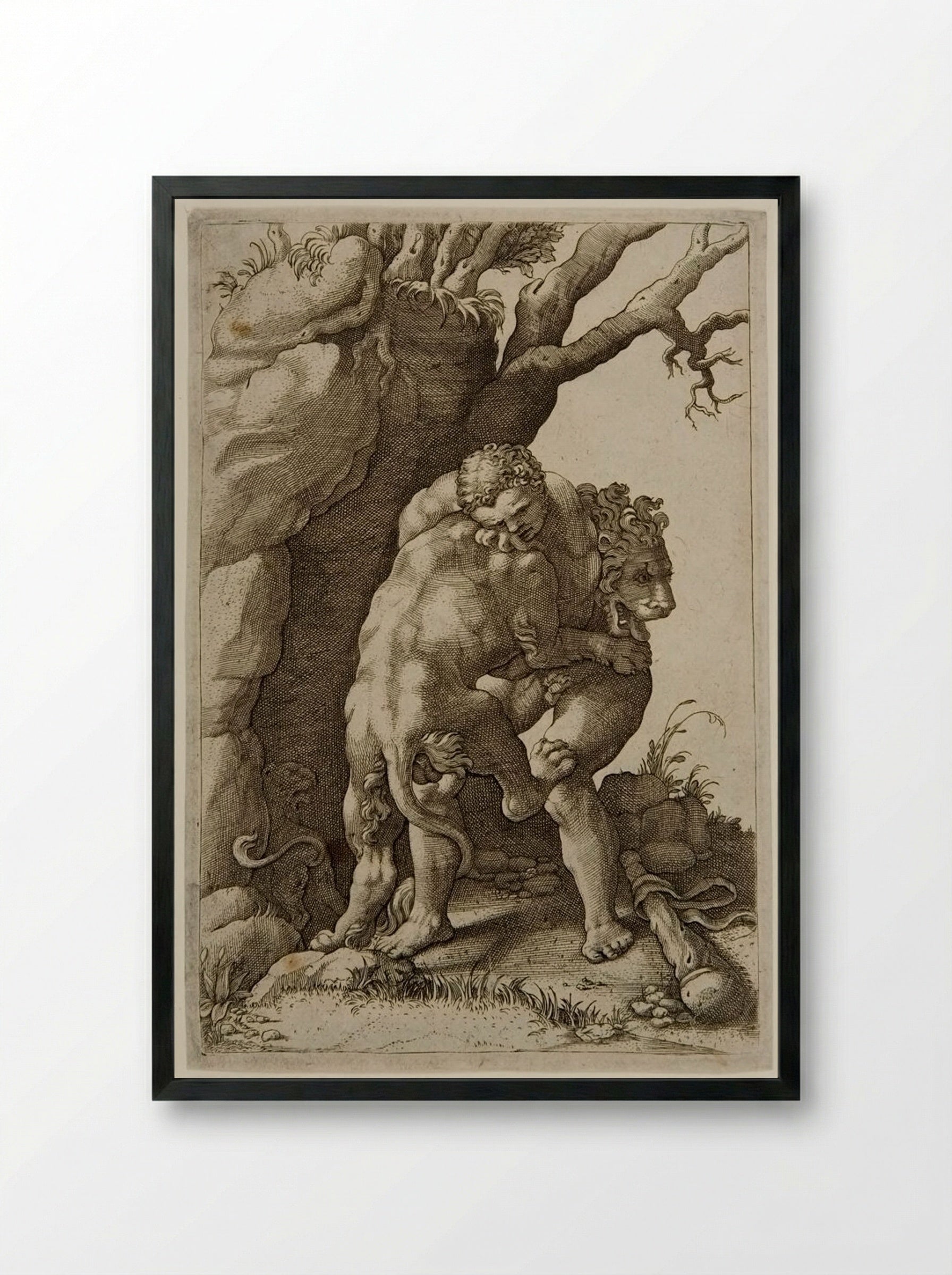 Hercules Killing the Nemean Lion - Adamo Sculptore - Framed Print Black