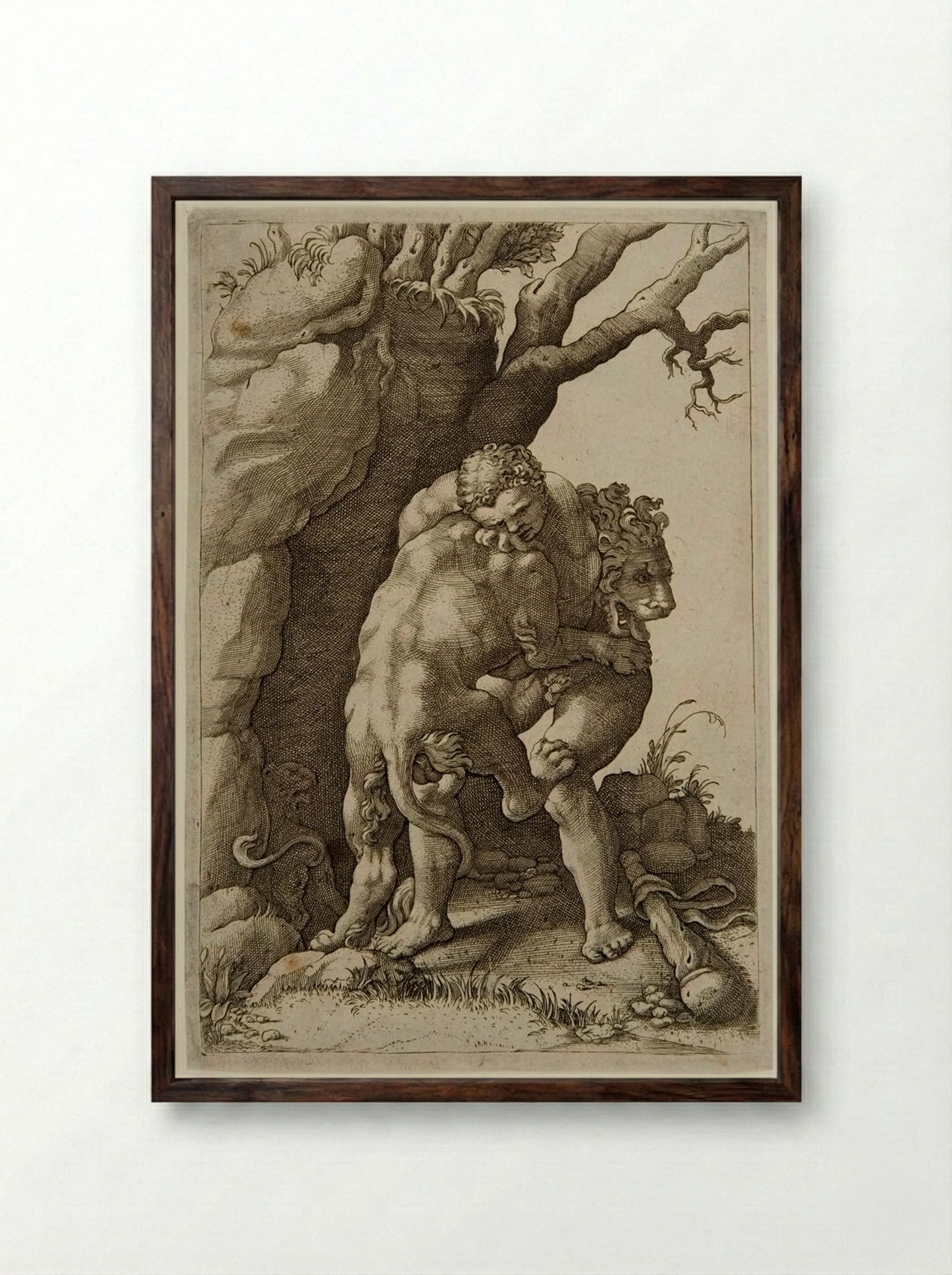 Hercules Killing the Nemean Lion - Adamo Sculptore - Framed Print Dark Wood