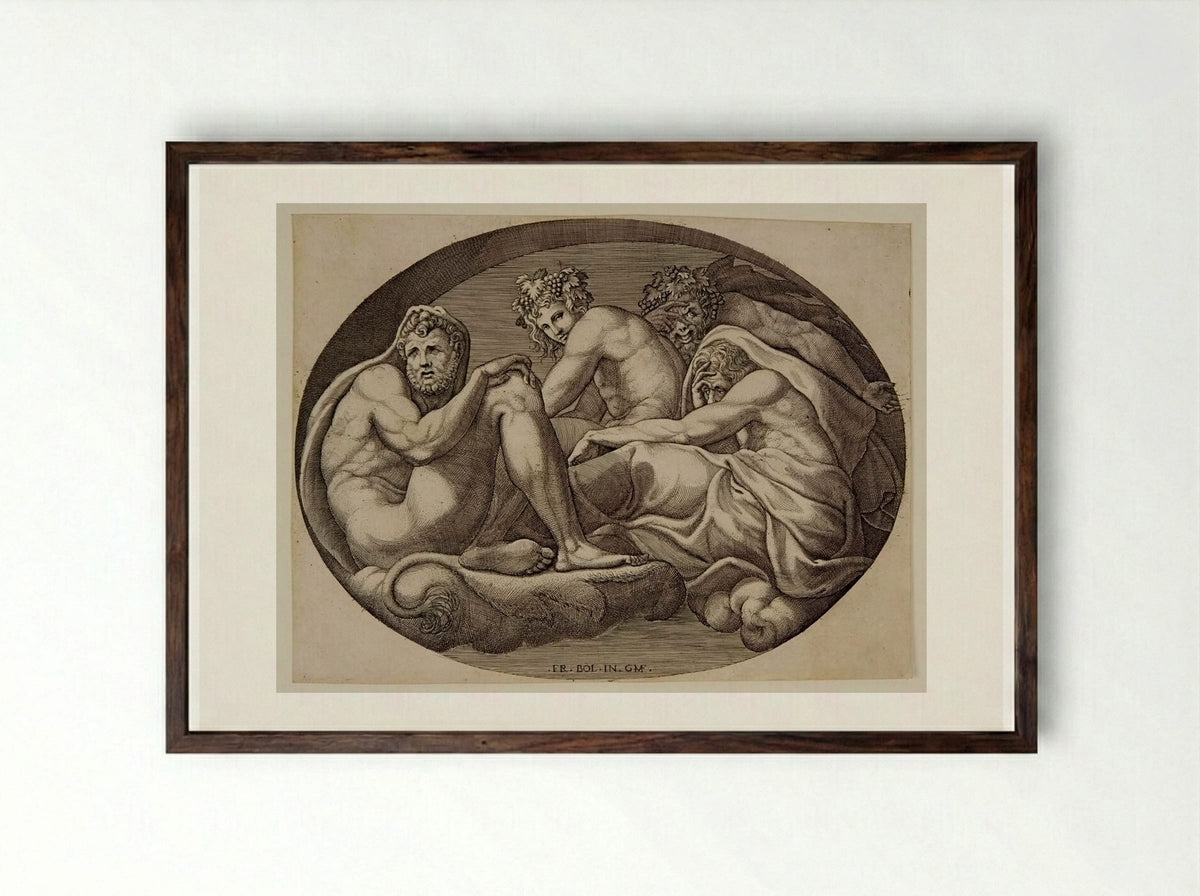 Hercules, Pan, and Bacchus - Giorgio Ghisi - Framed Print Dark Wood