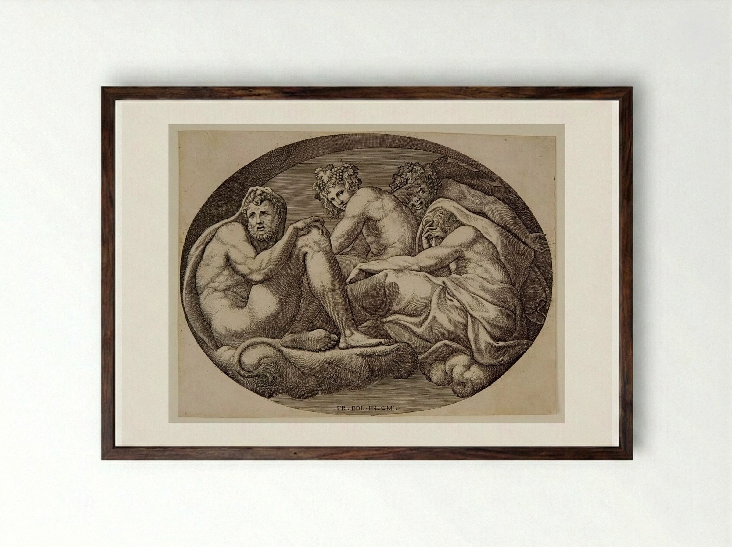 Hercules, Pan, and Bacchus - Giorgio Ghisi - Framed Print Dark Wood