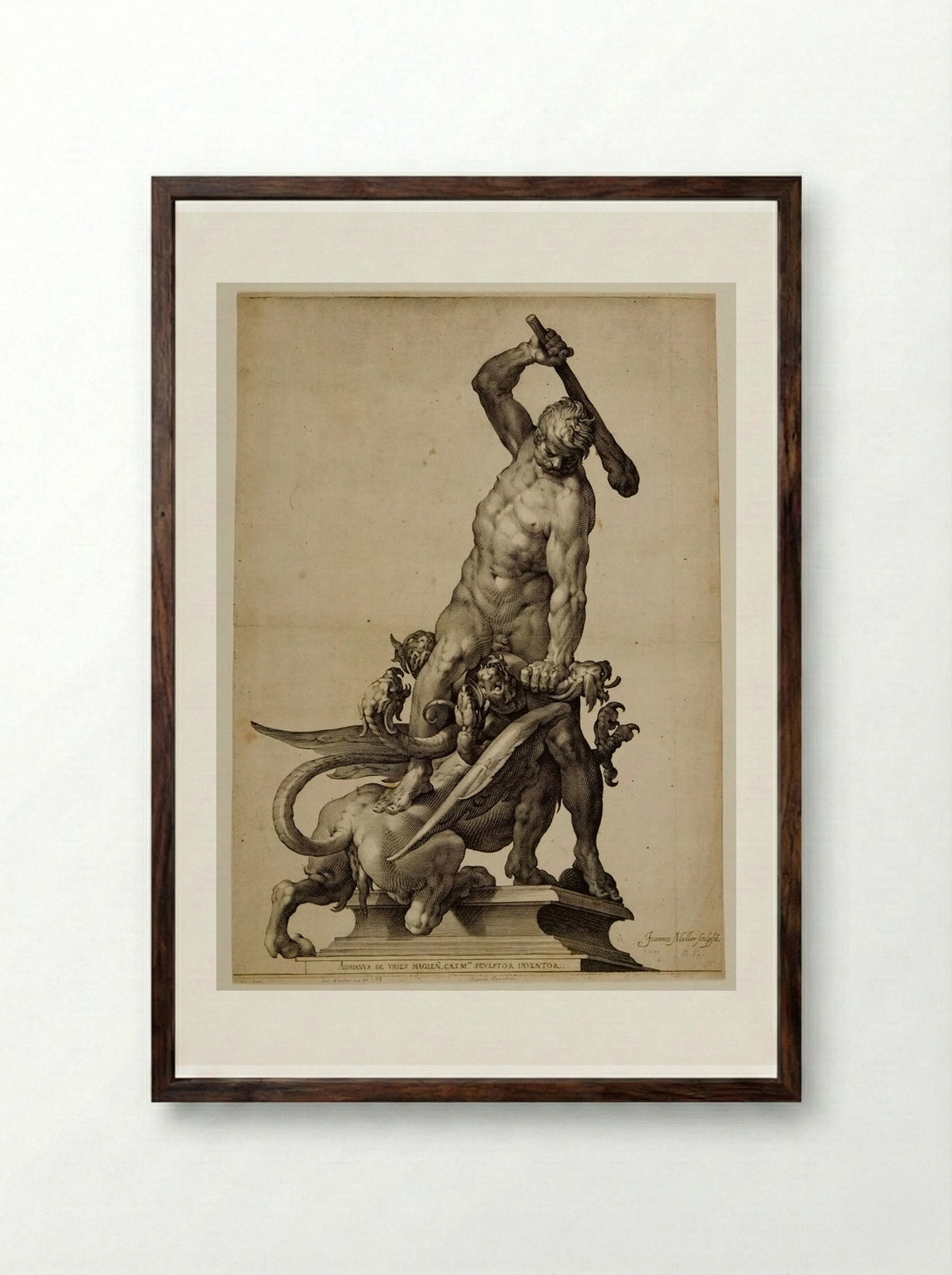 Hercules Slaying the Lernean Hydra - Jan Harmensz. Muller - Framed Print Dark Wood