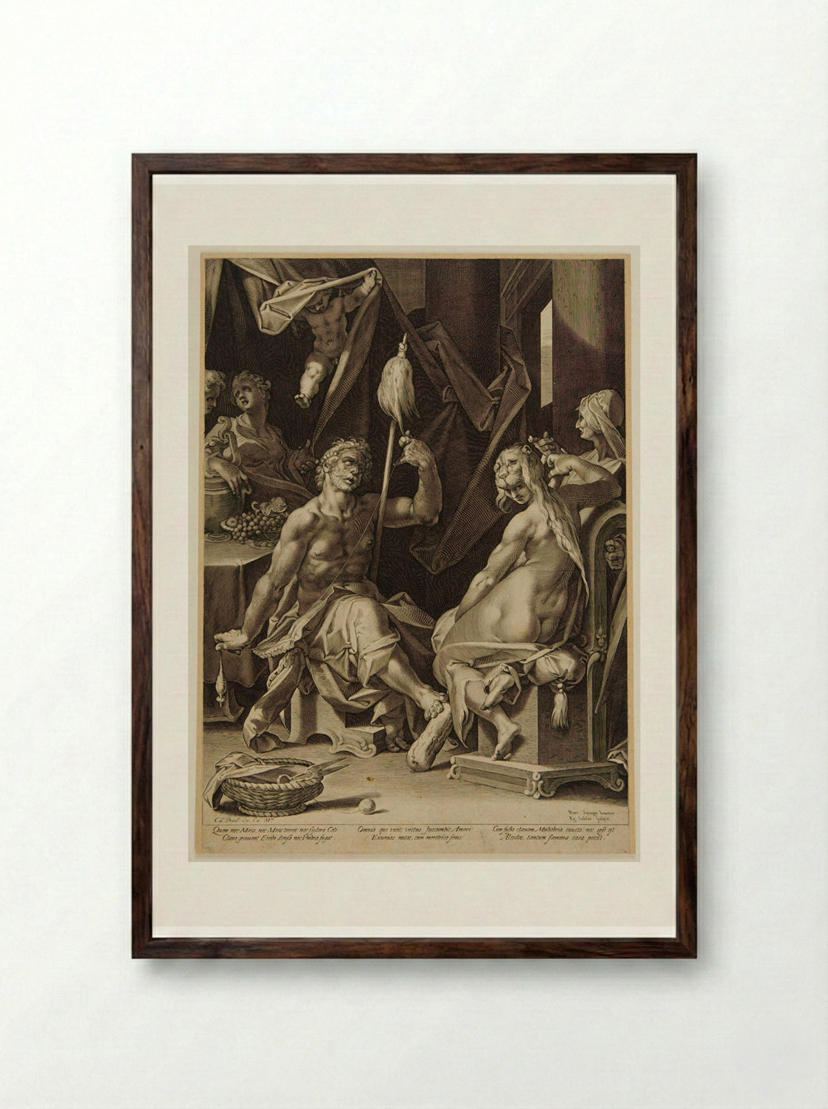 Hercules Spinning and Omphale - Aegidius Sadeler II - Framed Print Dark Wood
