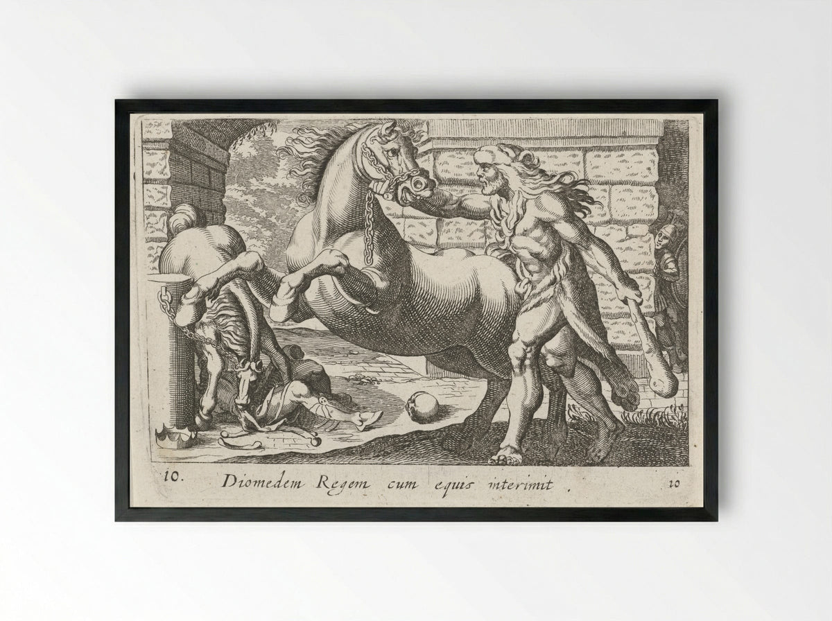 Hercules Taming the Horses of Diomedes - Simon Frisius - Framed Print Black
