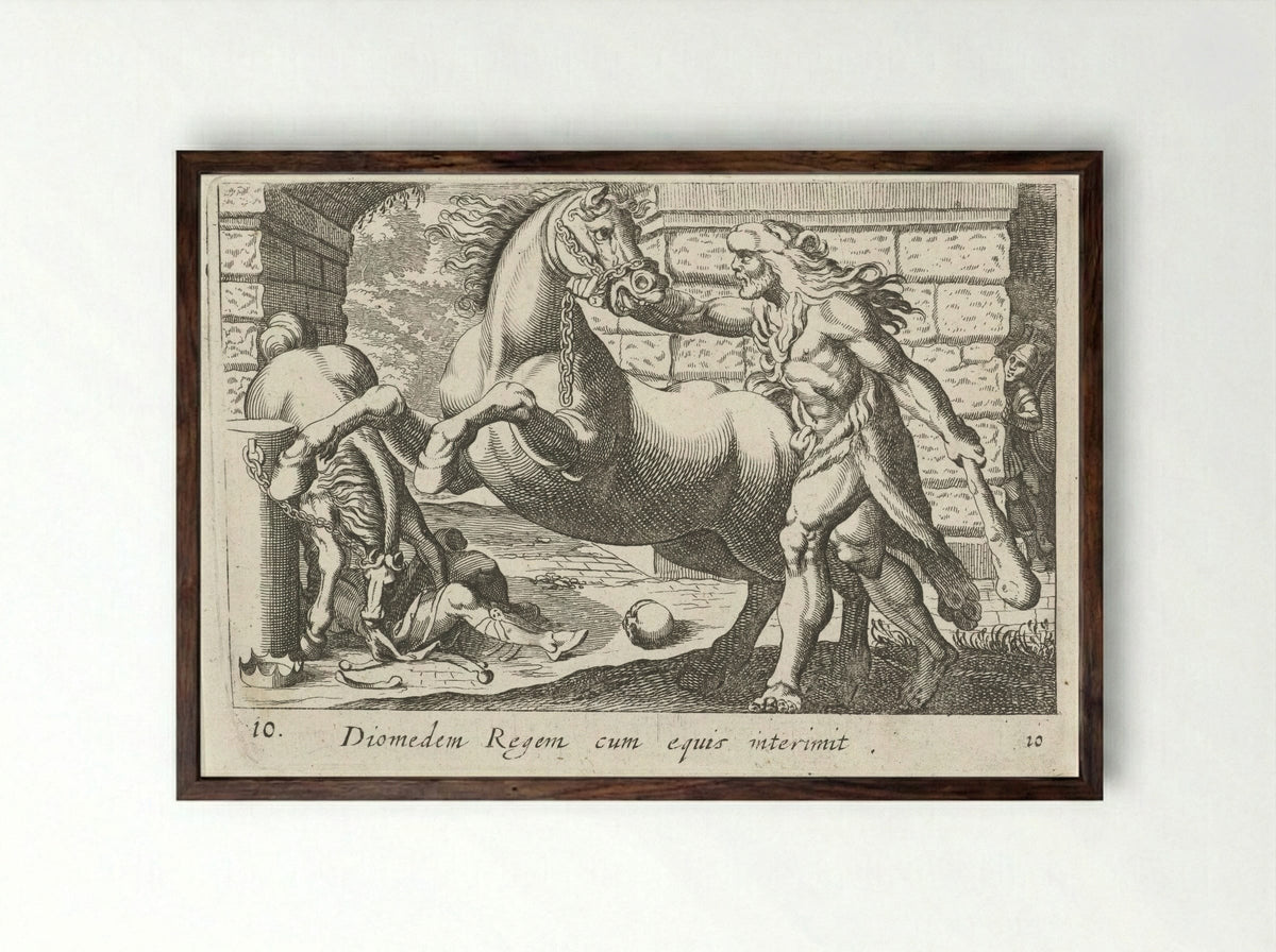 Hercules Taming the Horses of Diomedes - Simon Frisius - Framed Print Dark Wood