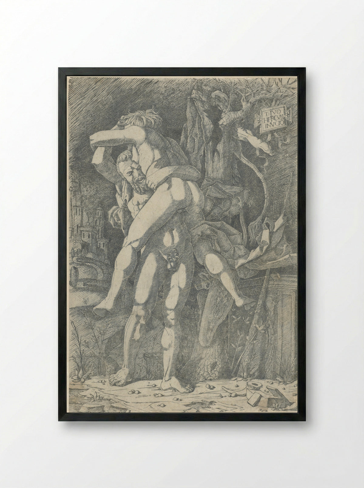 Hercules and Antaeus - Nicoletto da Modena - Framed Print Black