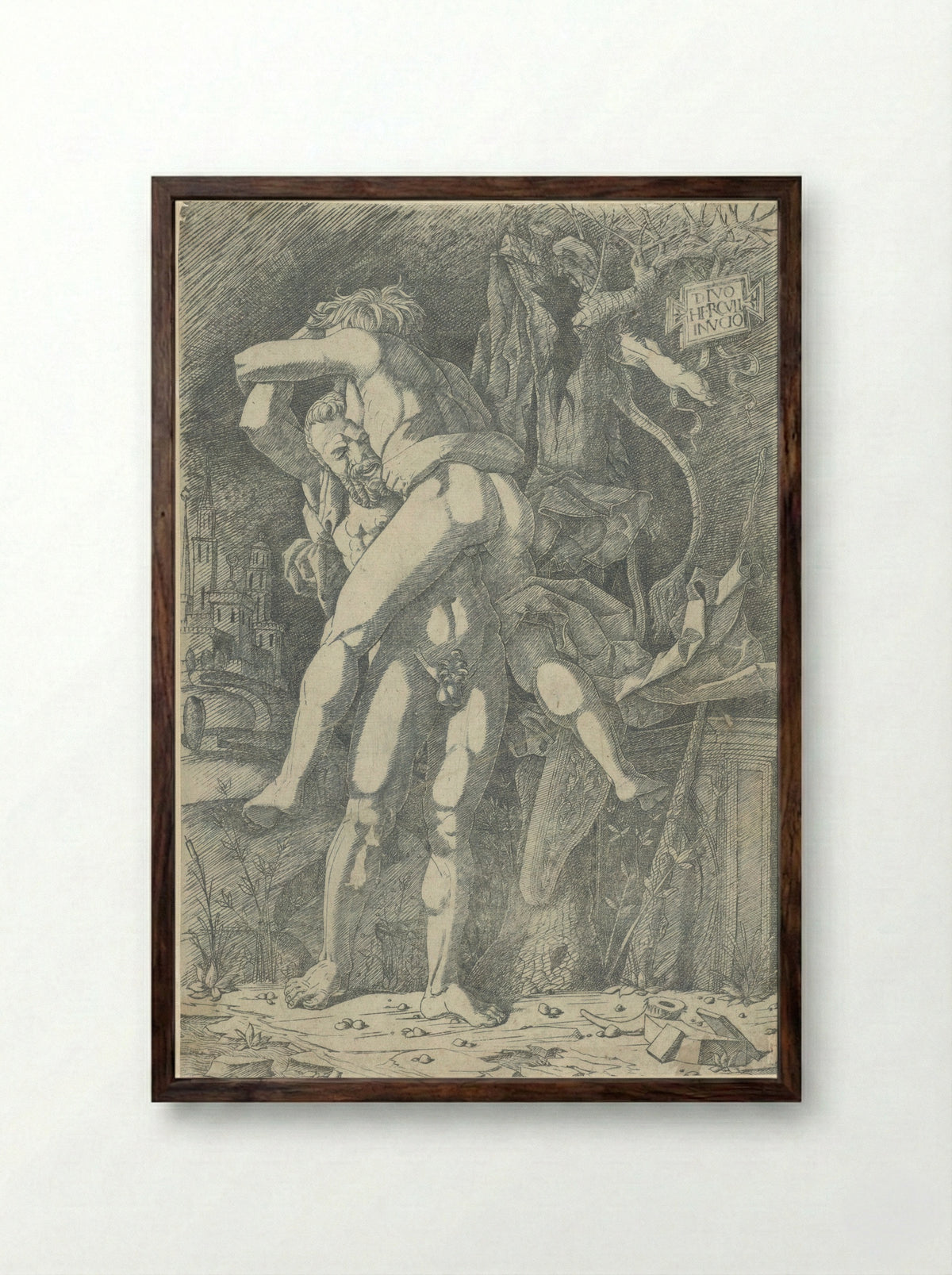 Hercules and Antaeus - Nicoletto da Modena - Framed Print Dark Wood