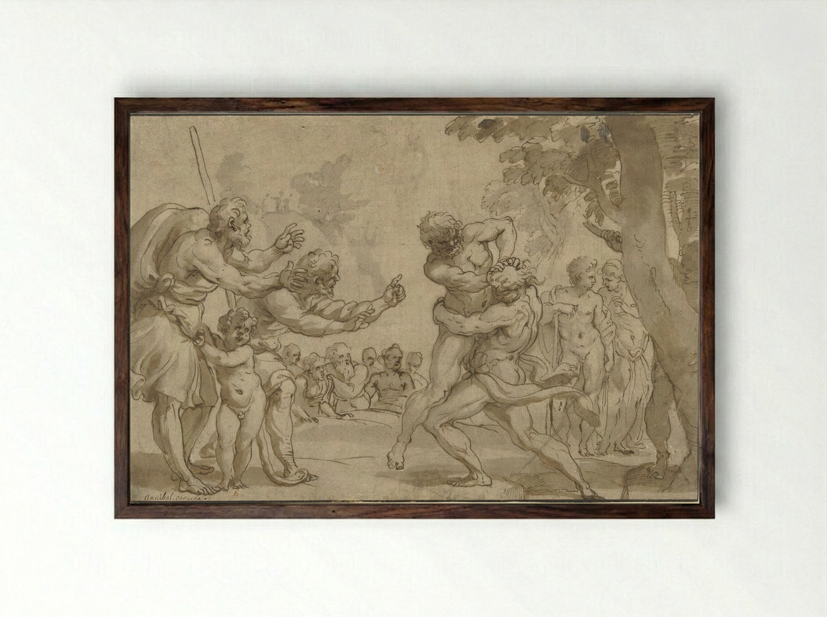 Hercules and Antaeus - Domenico Piola - Framed Print Dark Wood