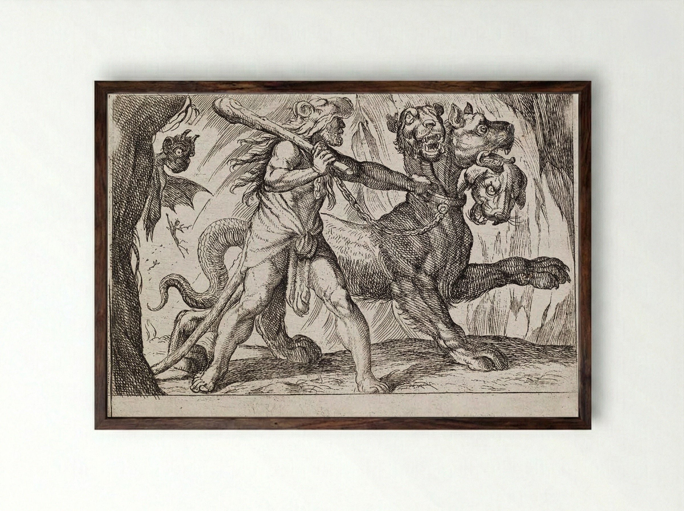 Hercules and Cerberus - Antonio Tempesta - Framed Print Dark Wood