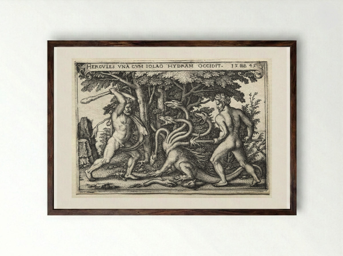 Hercules and Iolaus Slaying the Hydra - Hans Sebald Beham - Framed Print Dark Wood