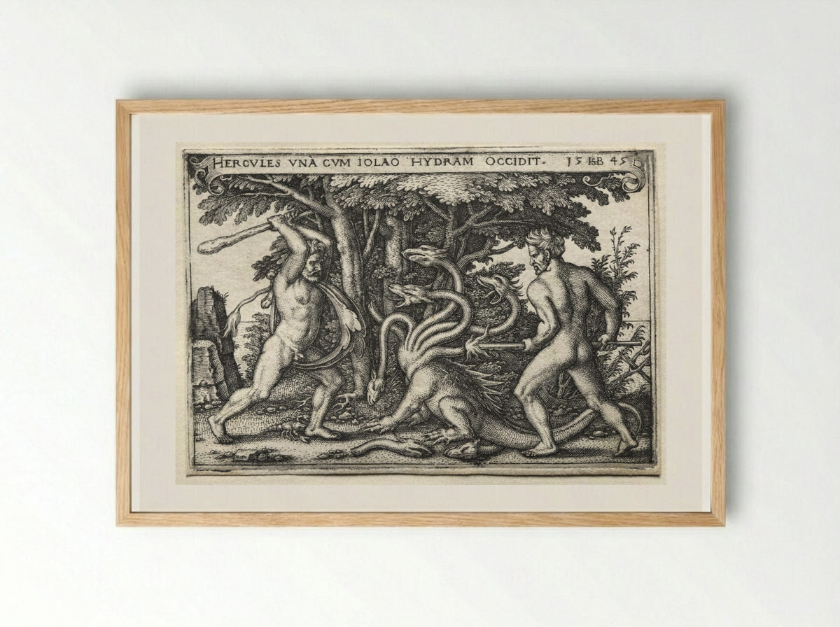 Hercules and Iolaus Slaying the Hydra - Hans Sebald Beham - Framed Print Wood