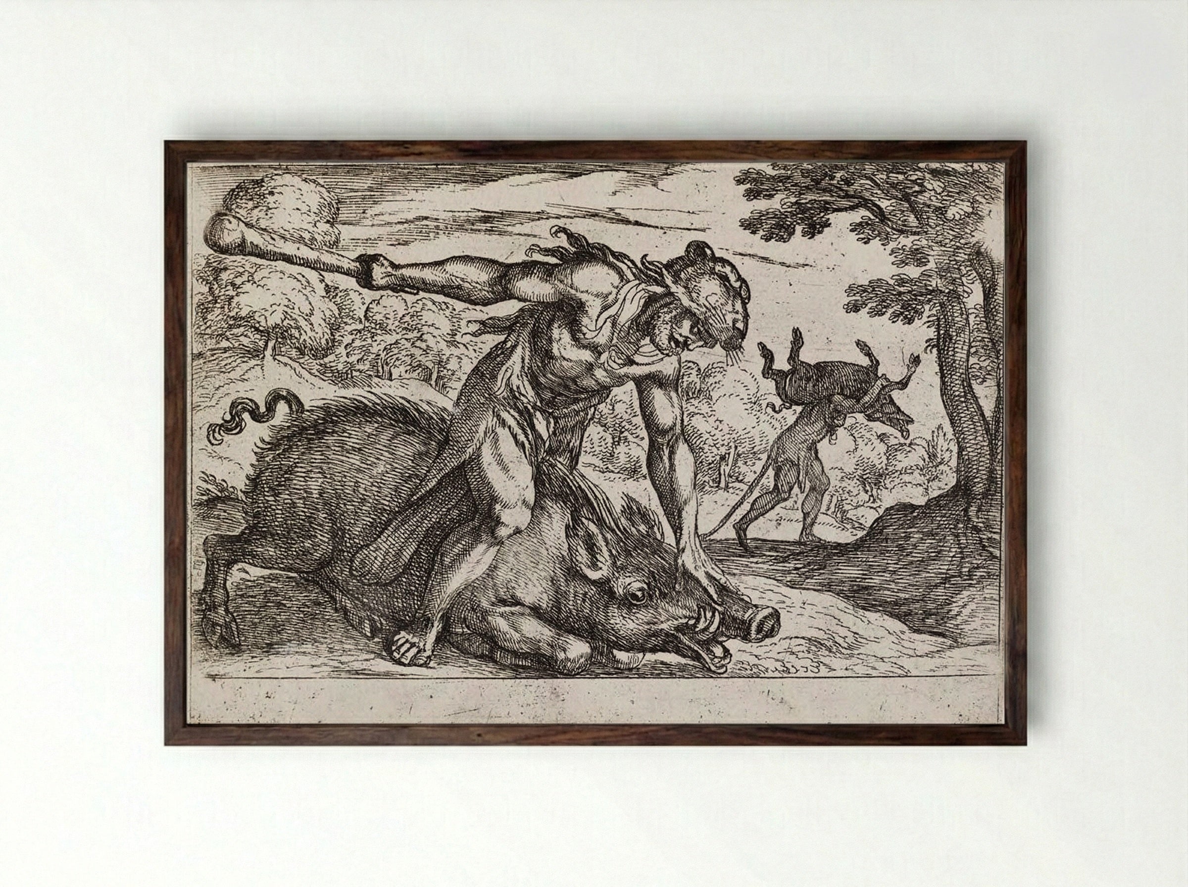 Hercules and the Boar of Erymanthus - Antonio Tempesta - Framed Print Dark Wood
