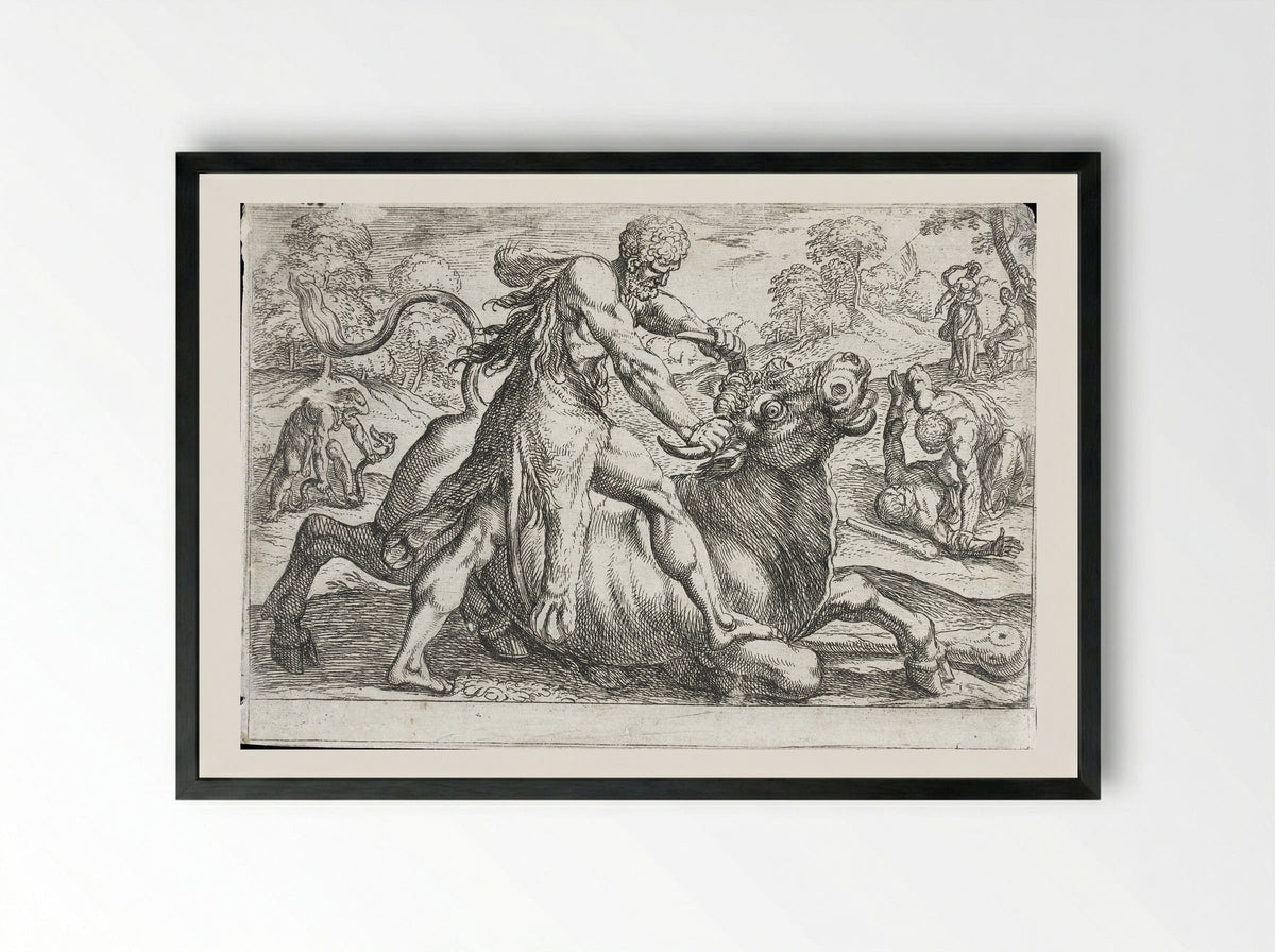 Hercules and the Bull of Poseidon - Antonio Tempesta - Framed Print Black