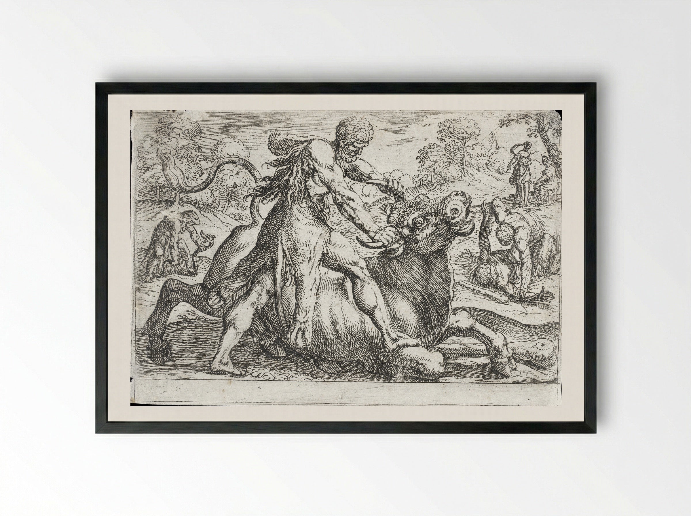 Hercules and the Bull of Poseidon - Antonio Tempesta - Framed Print Black