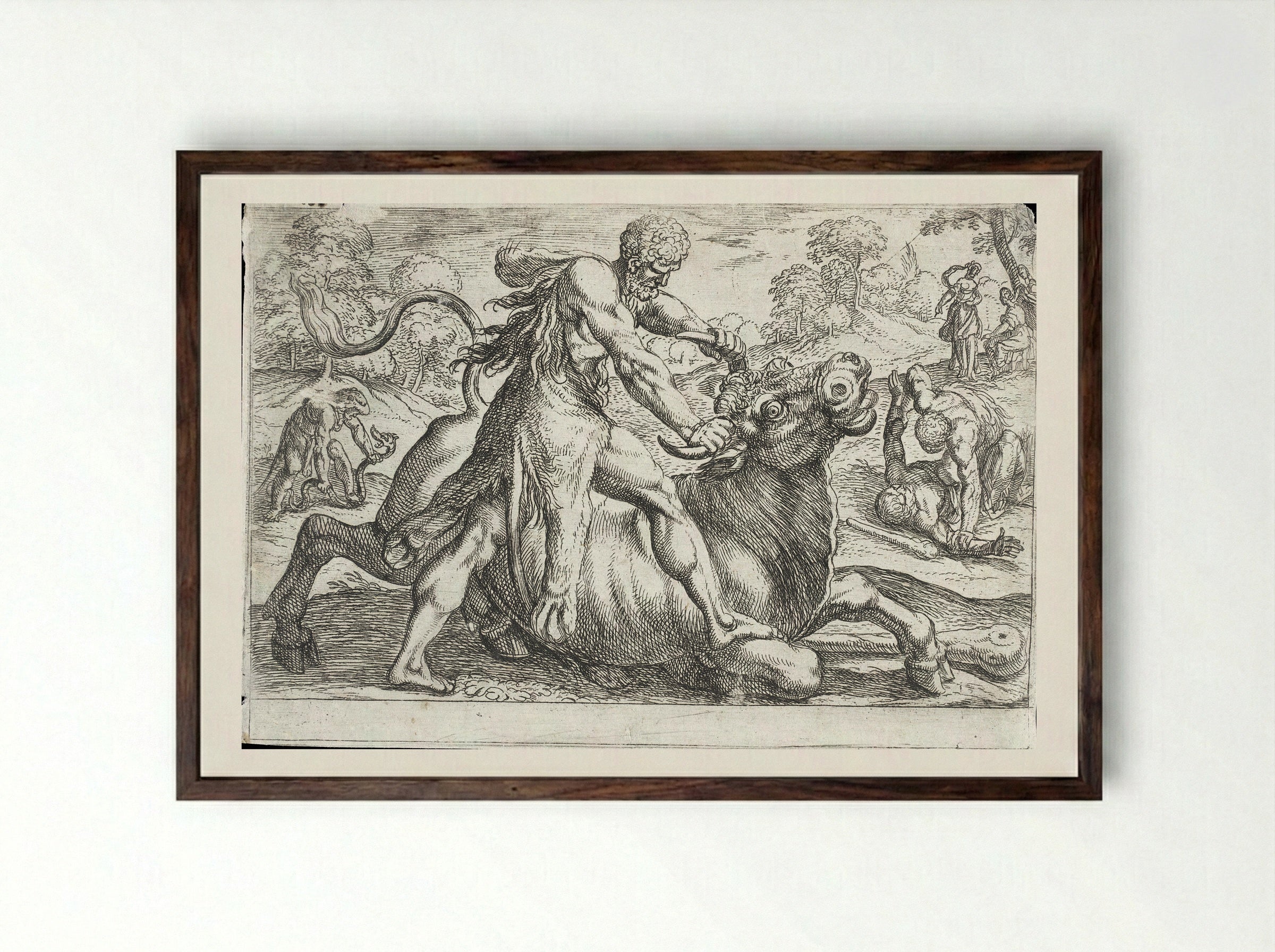 Hercules and the Bull of Poseidon - Antonio Tempesta - Framed Print Dark Wood